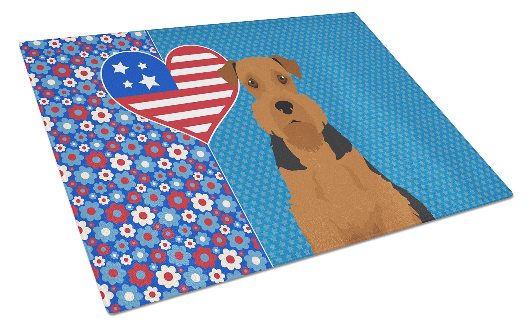 Black and Tan Airedale Terrier USA American Glass Cutting Board Decorative Tempered Glass Kitchen Cutting and Serving Board Large Size Chopping Board