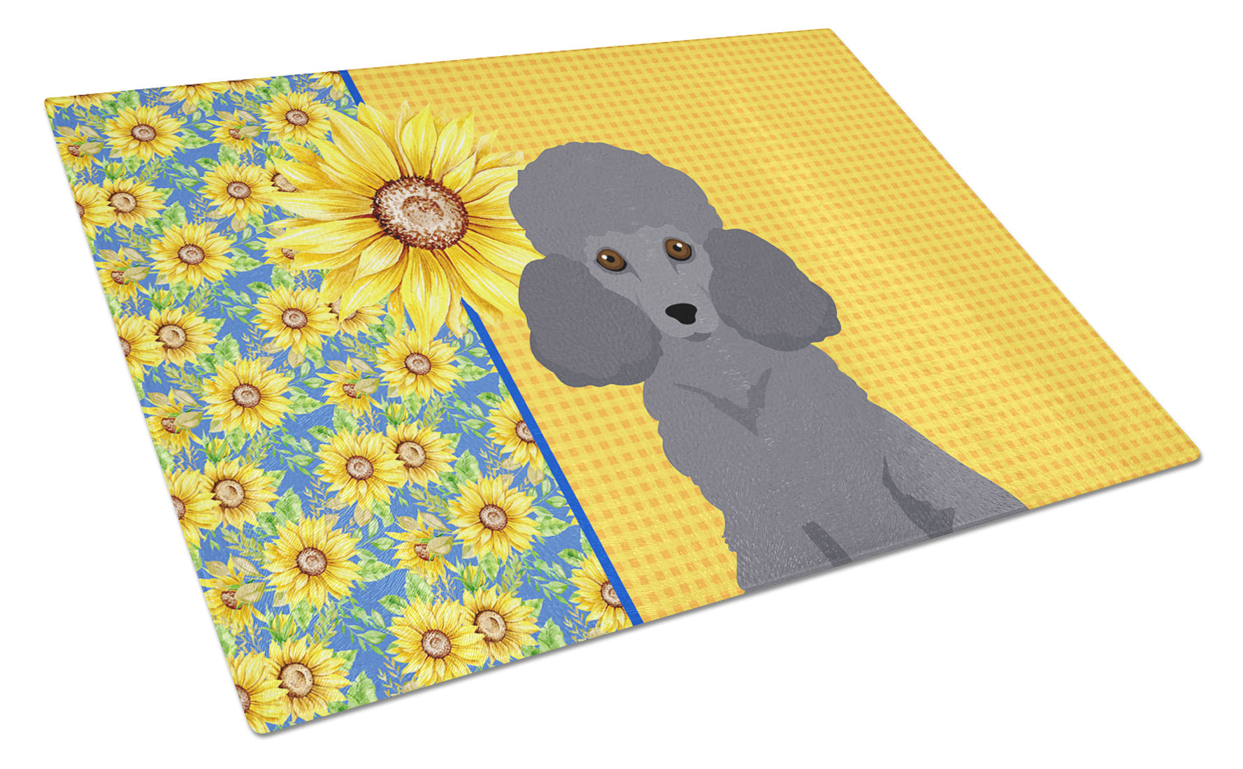 Summer Sunflowers Toy Grey Poodle Glass Cutting Board Decorative Tempered Glass Kitchen Cutting and Serving Board Large Size Chopping Board