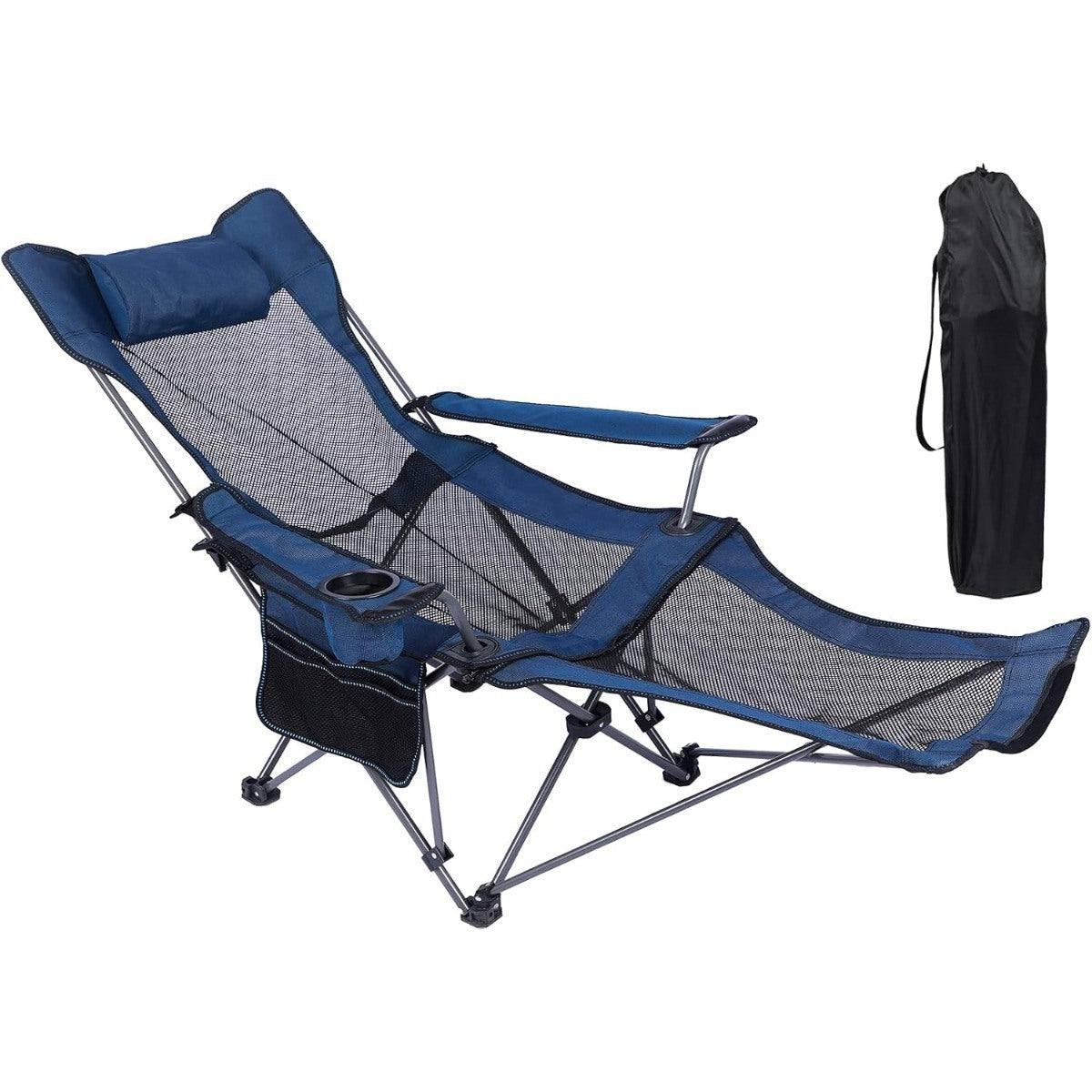 Camping Lounge Chair, Portable Camping Chair with Footrest, Folding Reclining Camping Chair,Storage Bag & Headrest, Mesh Recliner, 330lbs Weight Capacity (Blue)