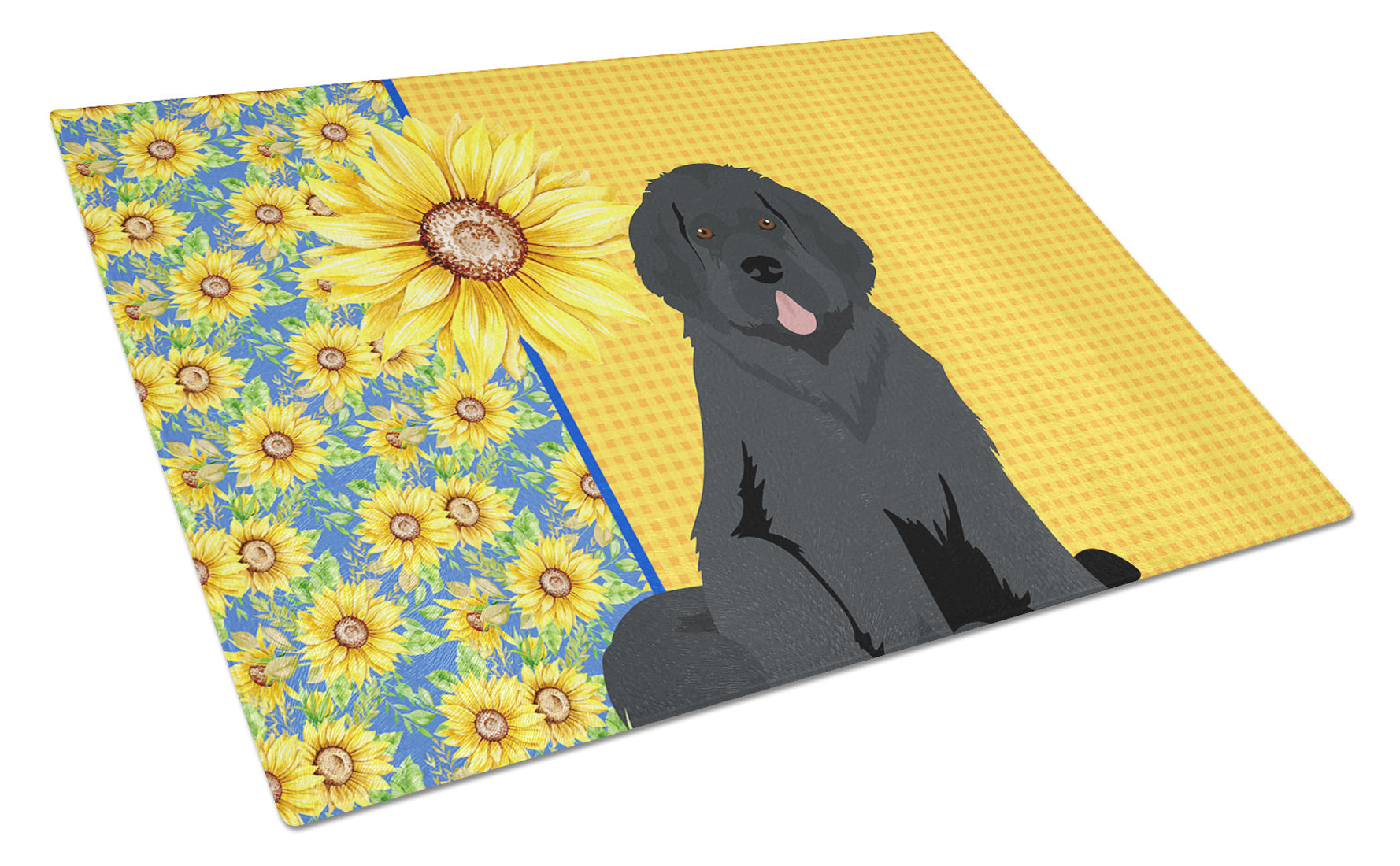 Summer Sunflowers Black Newfoundland Glass Cutting Board Decorative Tempered Glass Kitchen Cutting and Serving Board Large Size Chopping Board