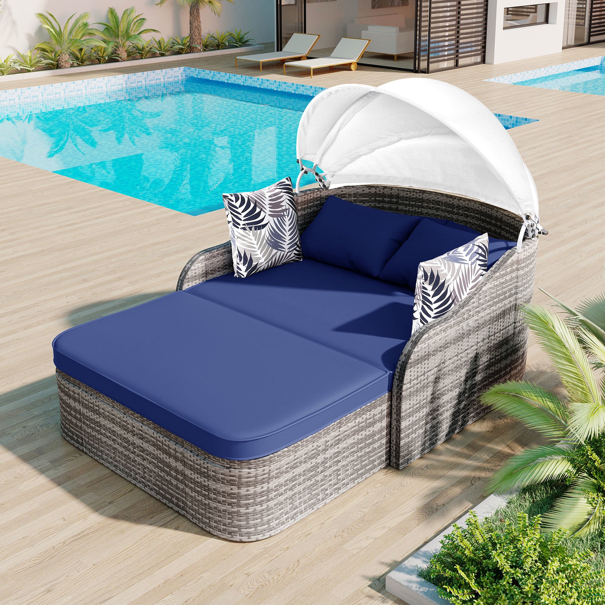 79.9" Outdoor Sunbed with Adjustable Canopy; Double lounge; PE Rattan Daybed