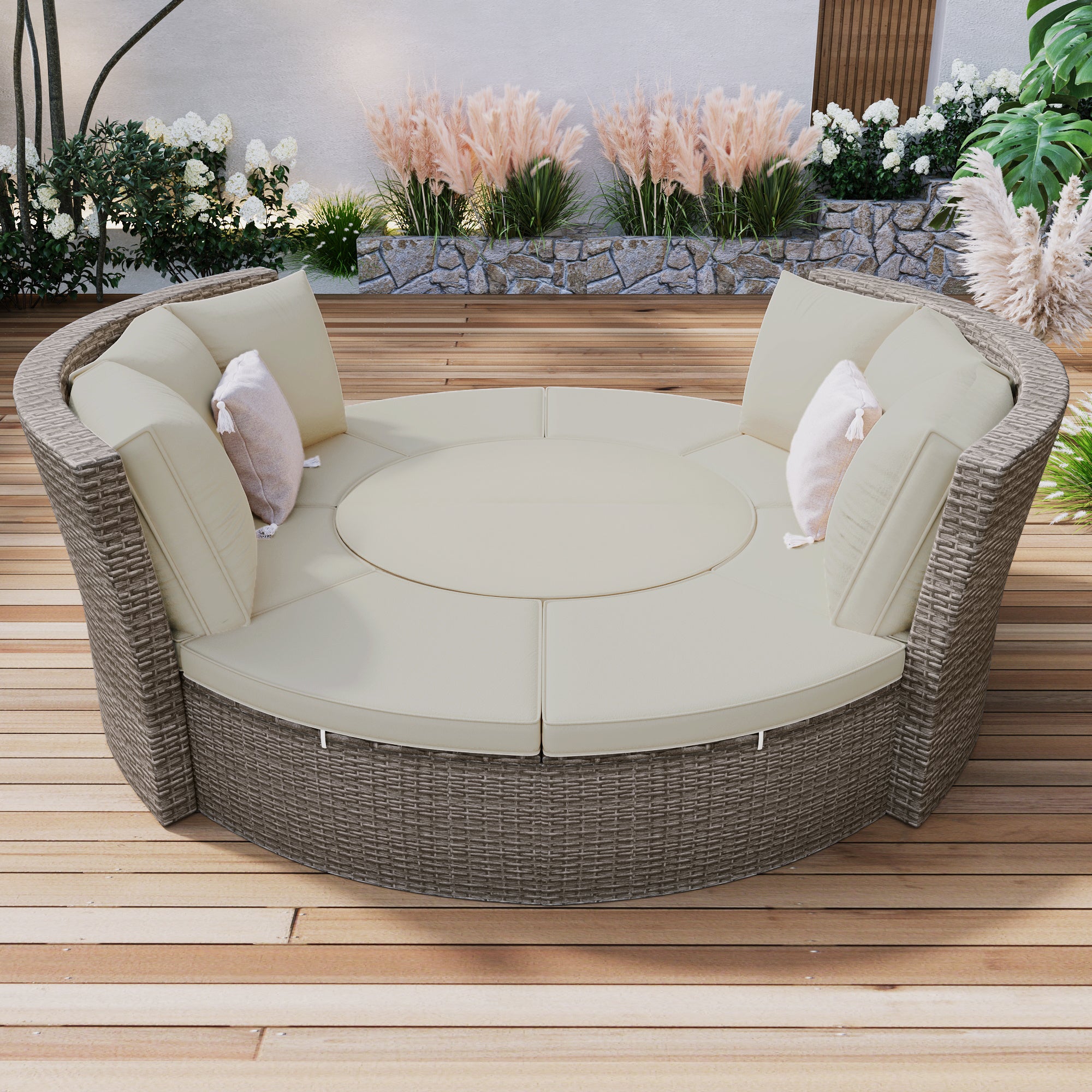 Patio 5-Piece Round Rattan Sectional Sofa Set All-Weather PE Wicker Sunbed Daybed with Round Liftable Table and Washable Cushions for Outdoor Backyard Poolside