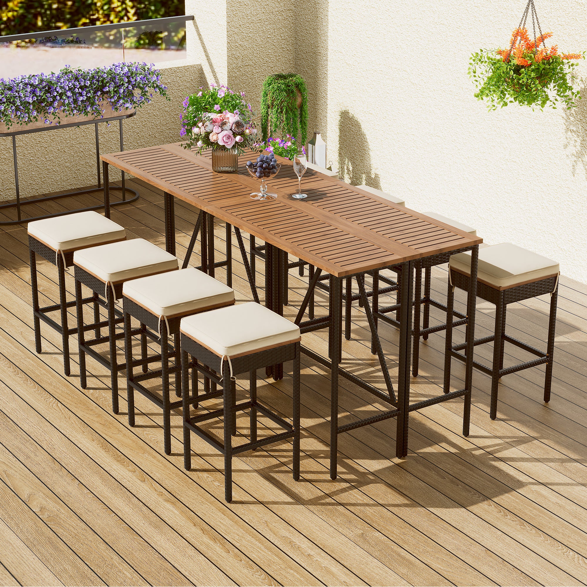 10-Piece Outdoor Acacia Wood Bar Height Table And Eight Stools With Cushions, Garden PE Rattan Wicker Dining Table, Foldable Tabletop, High-Dining Bistro Set, All-Weather Patio Furniture