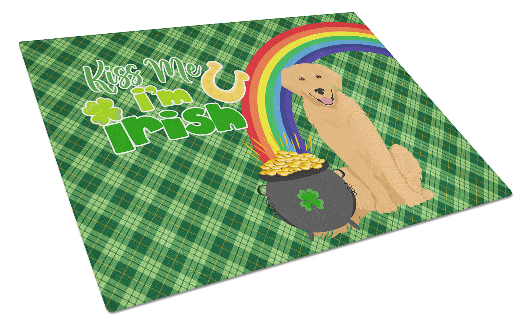 Gold Golden Retriever St. Patrick's Day Glass Cutting Board Decorative Tempered Glass Kitchen Cutting and Serving Board Large Size Chopping Board