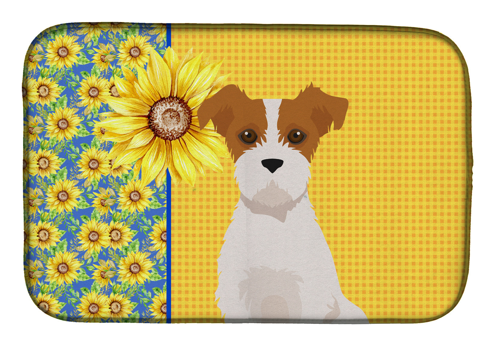 Summer Sunflowers Brown White Wirehair Jack Russell Terrier Dish Drying Mat Absorbent Dish Drying Mat Pad for Kitchen Counter Dish Drainer Mat for Countertop, 14 x 21", Multicolor
