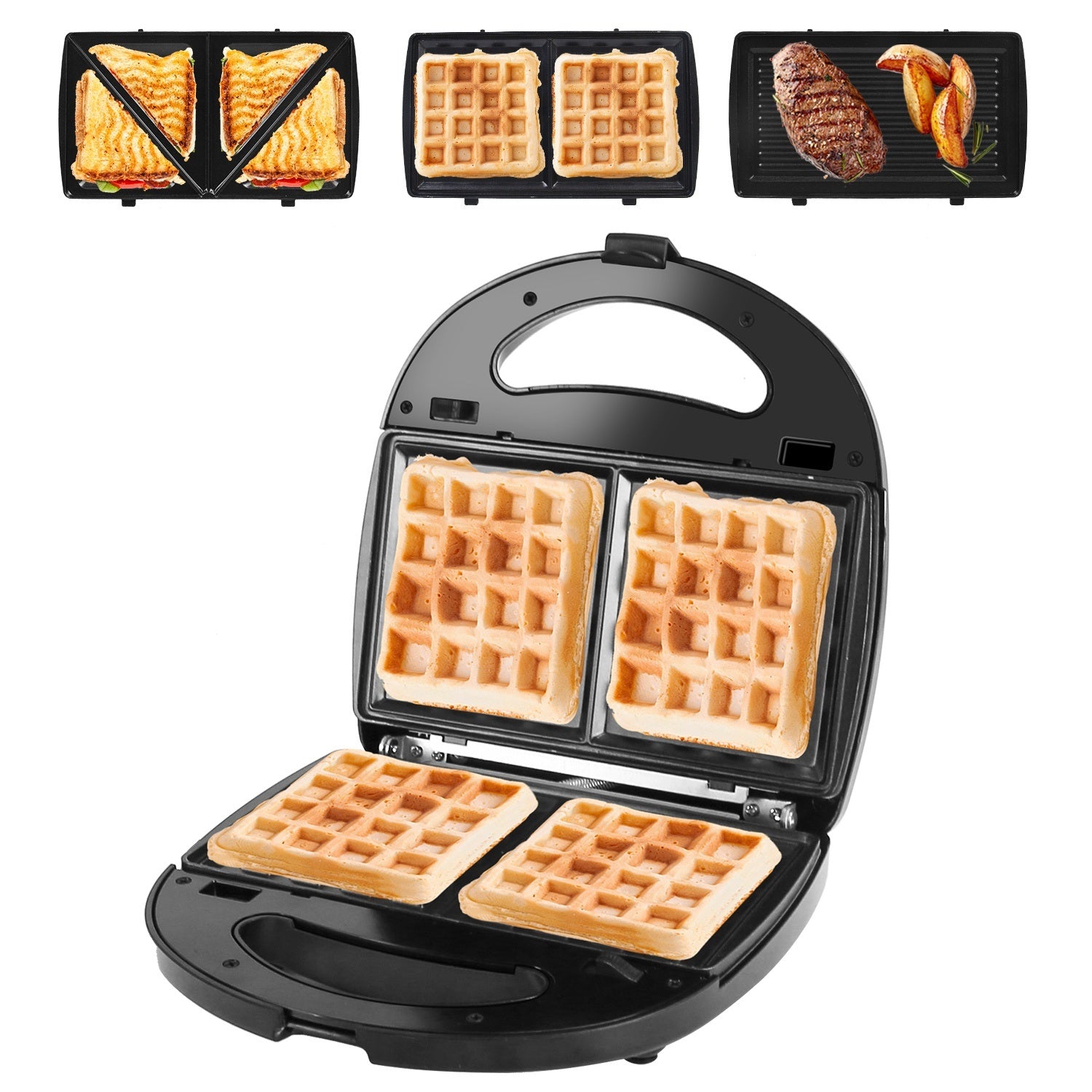 Electric Sandwich Maker Waffle Panini Press Grill with Removable Non-Stick Plates Double-Sided Heating Cool Touch Handle For Breakfast Steak Toaster Burgers Grilled Cheese