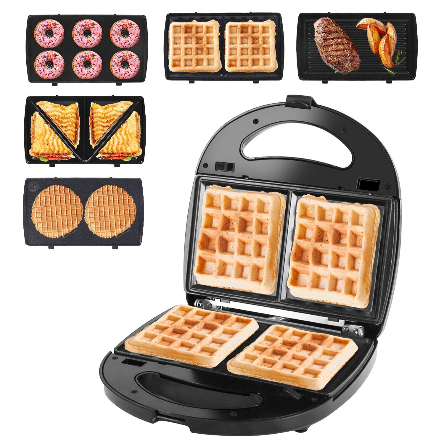 Electric Sandwich Maker Waffle Panini Press Grill with Removable Non-Stick Plates Double-Sided Heating Cool Touch Handle For Breakfast Steak Toaster Burgers Grilled Cheese