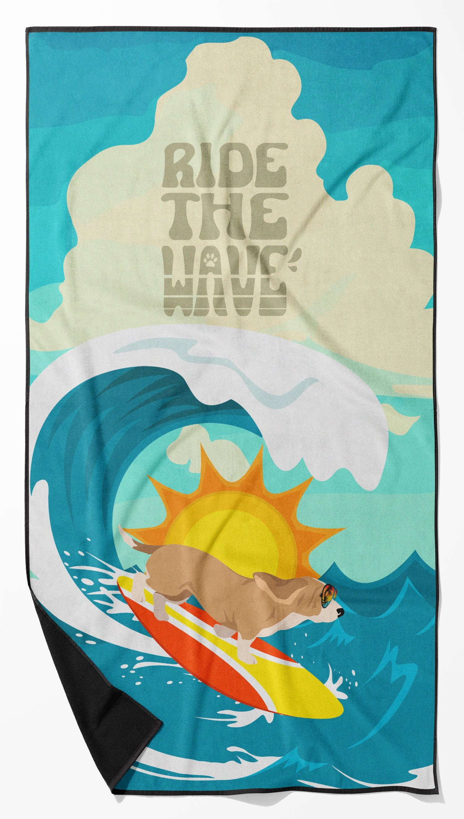 Surfer Dog Lemon Basset Hound Premium Beach Towel Oversized Towel Beach Blanket, Pool, Beach Essentials, Yoga, Premium Bath Towel, Quick Dry Plush