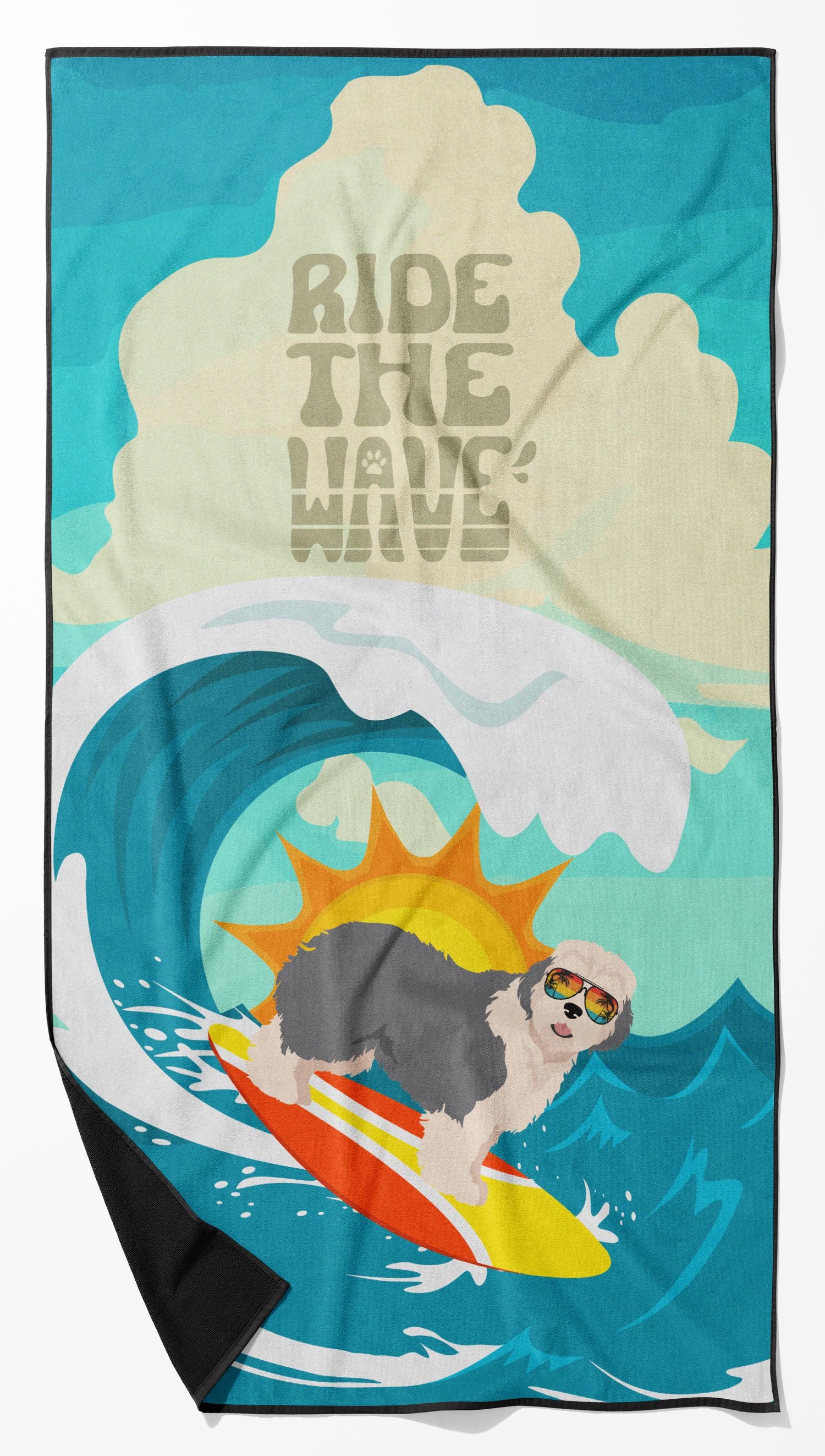 Surfer Dog Old English Sheepdog Premium Beach Towel Oversized Towel Beach Blanket, Pool, Beach Essentials, Yoga, Premium Bath Towel, Quick Dry Plush
