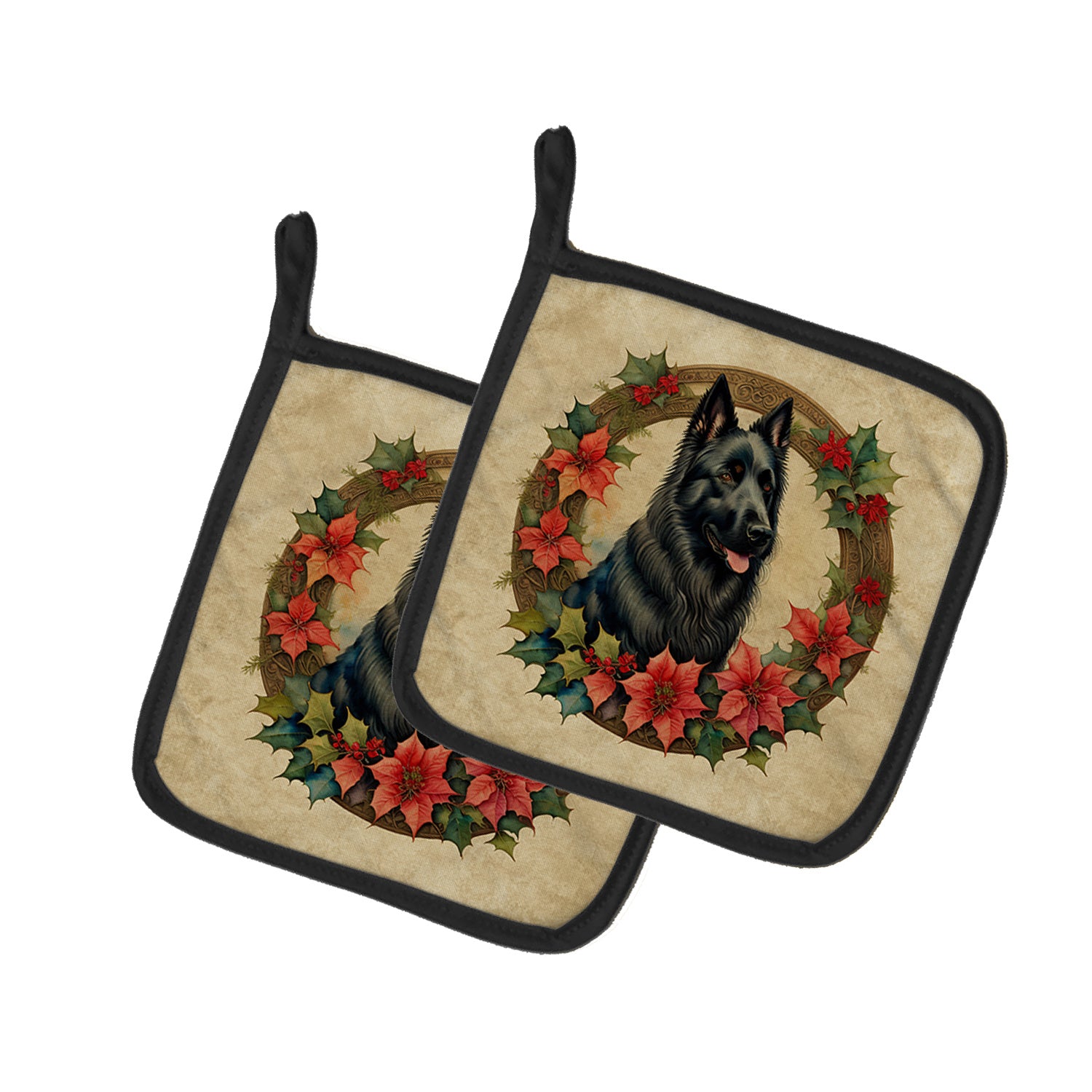 Belgian Sheepdog Christmas Flowers Pair of Pot Holders Kitchen Heat Resistant Pot Holders Sets Oven Hot Pads for Cooking Baking BBQ, 7 1/2 x 7 1/2