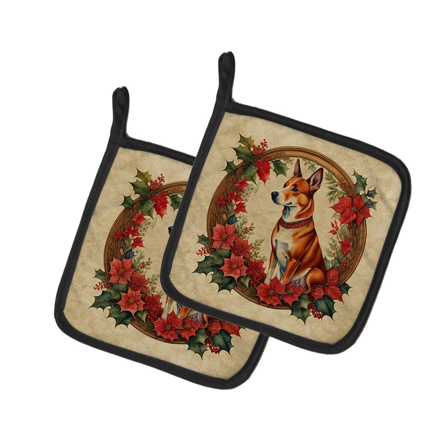Basenji Christmas Flowers Pair of Pot Holders Kitchen Heat Resistant Pot Holders Sets Oven Hot Pads for Cooking Baking BBQ, 7 1/2 x 7 1/2