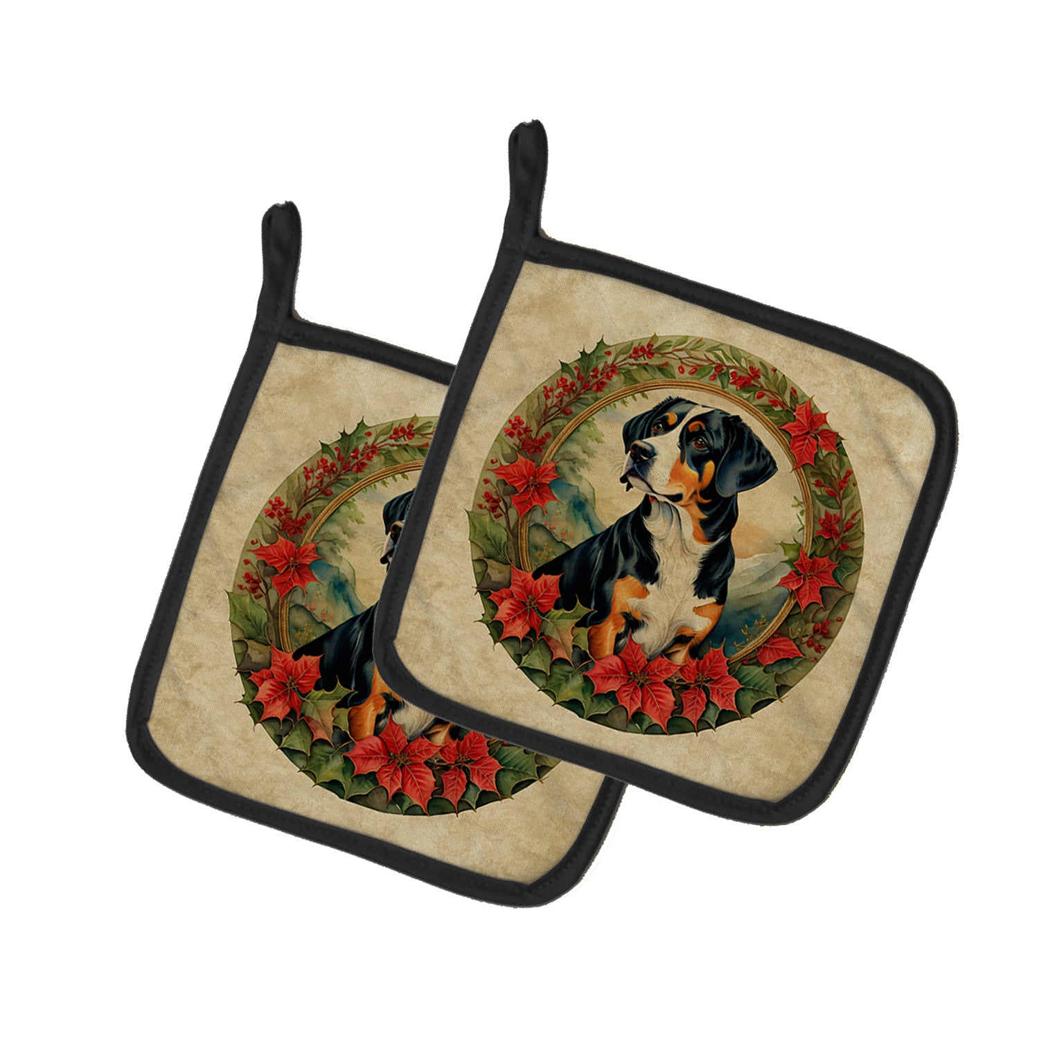 Entlebucher Mountain Dog Christmas Flowers Pair of Pot Holders Kitchen Heat Resistant Pot Holders Sets Oven Hot Pads for Cooking Baking BBQ, 7 1/2 x 7 1/2