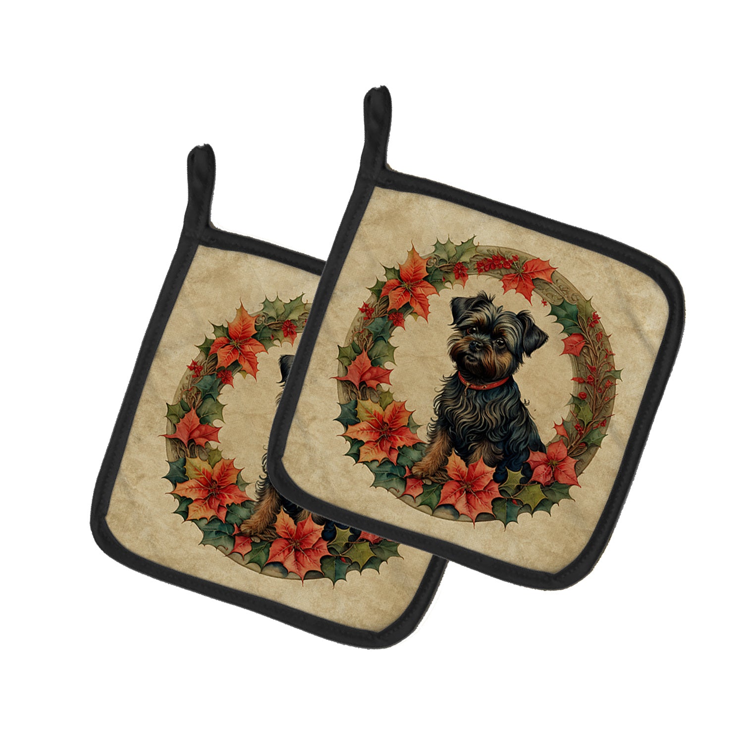 Affenpinscher Christmas Flowers Pair of Pot Holders Kitchen Heat Resistant Pot Holders Sets Oven Hot Pads for Cooking Baking BBQ, 7 1/2 x 7 1/2