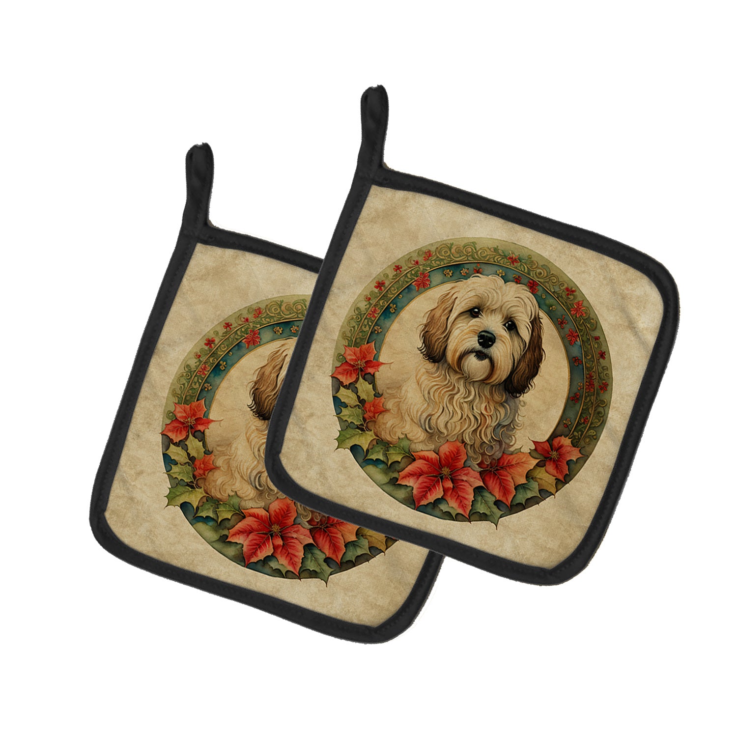 Havanese Christmas Flowers Pair of Pot Holders Kitchen Heat Resistant Pot Holders Sets Oven Hot Pads for Cooking Baking BBQ, 7 1/2 x 7 1/2