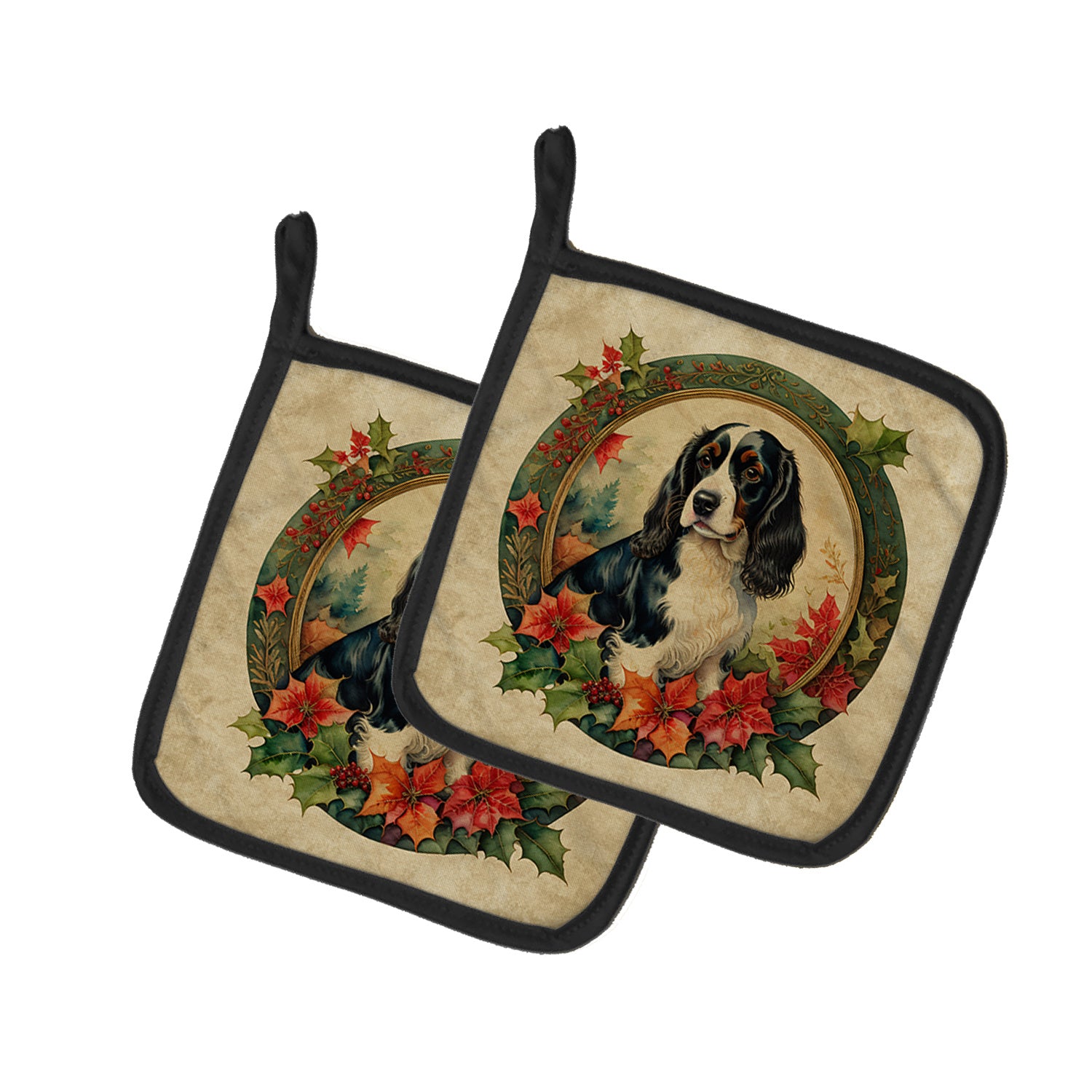 English Springer Spaniel Christmas Flowers Pair of Pot Holders Kitchen Heat Resistant Pot Holders Sets Oven Hot Pads for Cooking Baking BBQ, 7 1/2 x 7 1/2