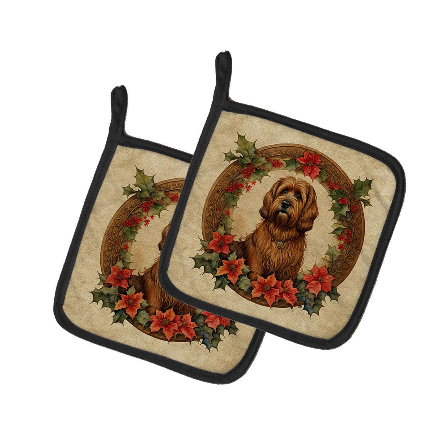 Briard Christmas Flowers Pair of Pot Holders Kitchen Heat Resistant Pot Holders Sets Oven Hot Pads for Cooking Baking BBQ, 7 1/2 x 7 1/2