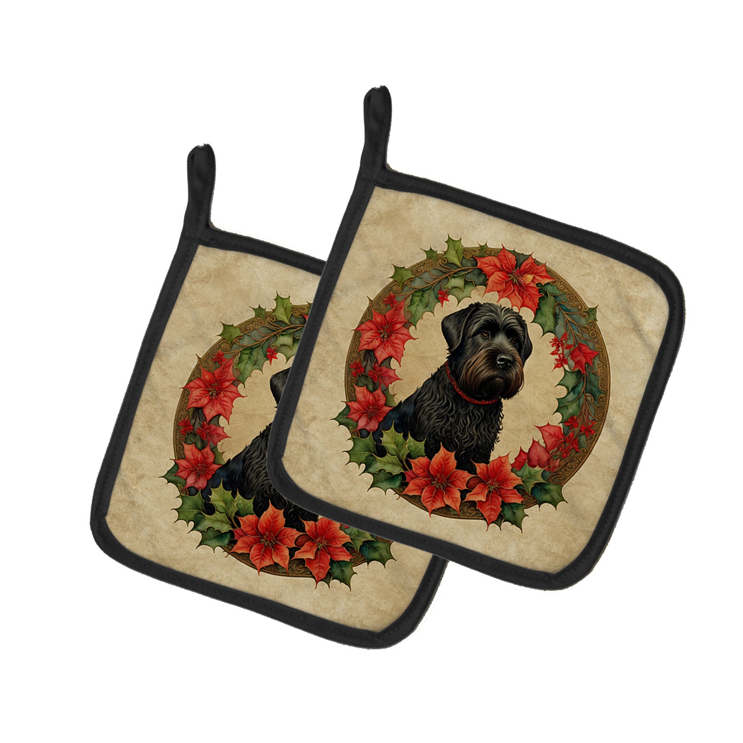 Black Russian Terrier Christmas Flowers Pair of Pot Holders Kitchen Heat Resistant Pot Holders Sets Oven Hot Pads for Cooking Baking BBQ, 7 1/2 x 7 1/2