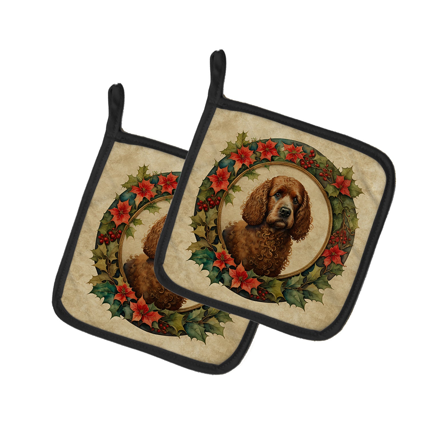 Irish Water Spaniel Christmas Flowers Pair of Pot Holders Kitchen Heat Resistant Pot Holders Sets Oven Hot Pads for Cooking Baking BBQ, 7 1/2 x 7 1/2
