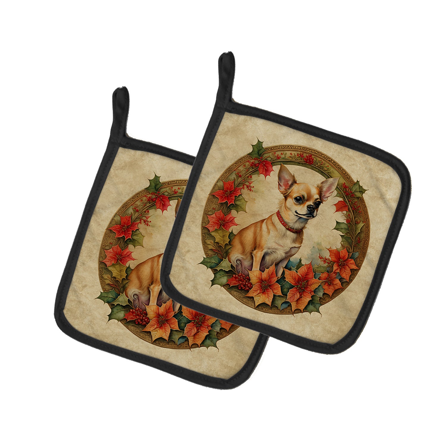 Chihuahua Christmas Flowers Pair of Pot Holders Kitchen Heat Resistant Pot Holders Sets Oven Hot Pads for Cooking Baking BBQ, 7 1/2 x 7 1/2