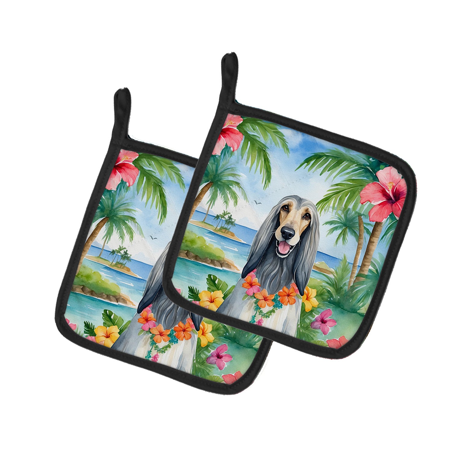 Afghan Hound Luau heat-resistant pot holders 7.5×7.5
Decorative Afghan Hound dog kitchen potholders set
Made in USA insulated Afghan Hound potholders for cooking
