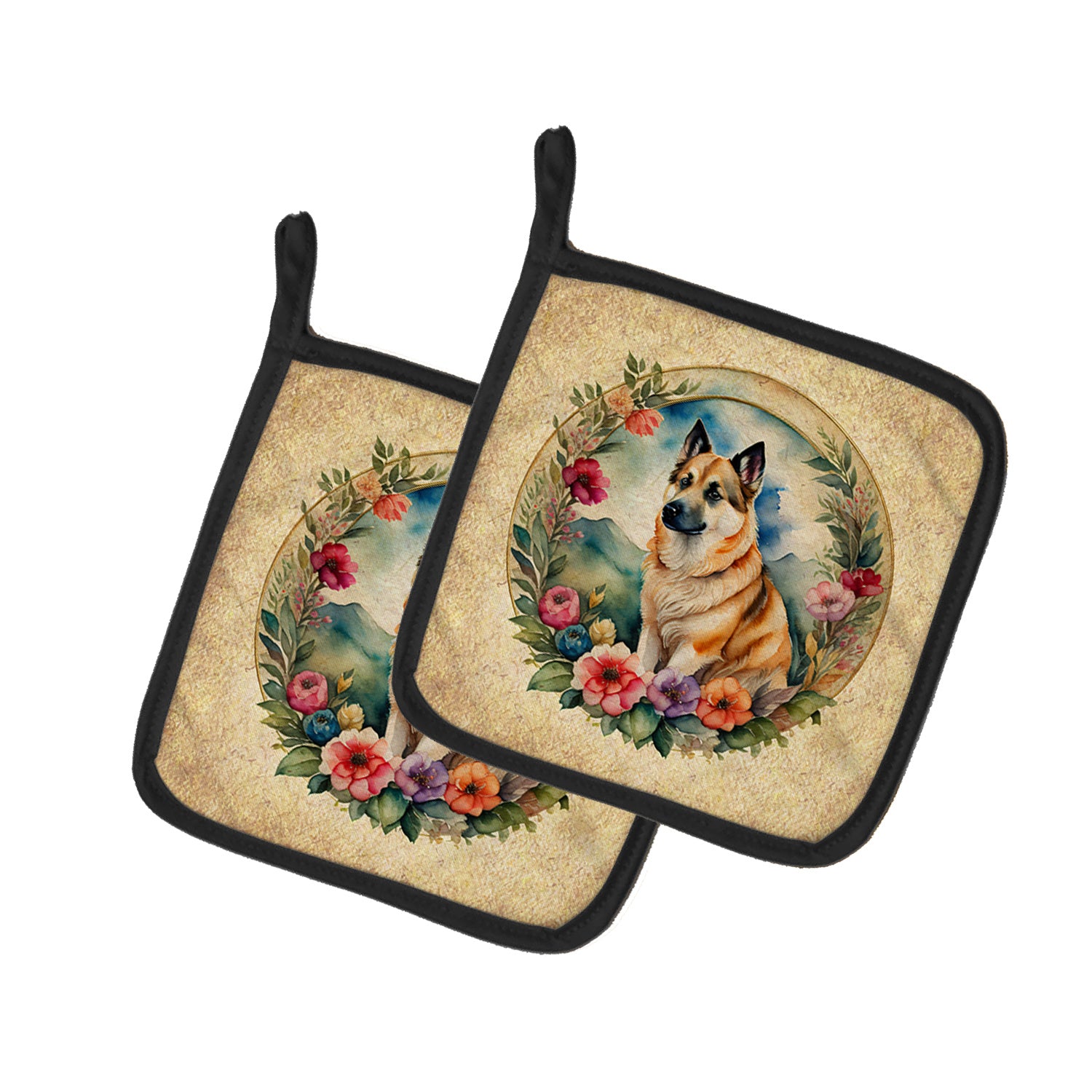 Norwegian Buhund and Flowers Pair of Pot Holders Kitchen Heat Resistant Pot Holders Sets Oven Hot Pads for Cooking Baking BBQ, 7 1/2 x 7 1/2