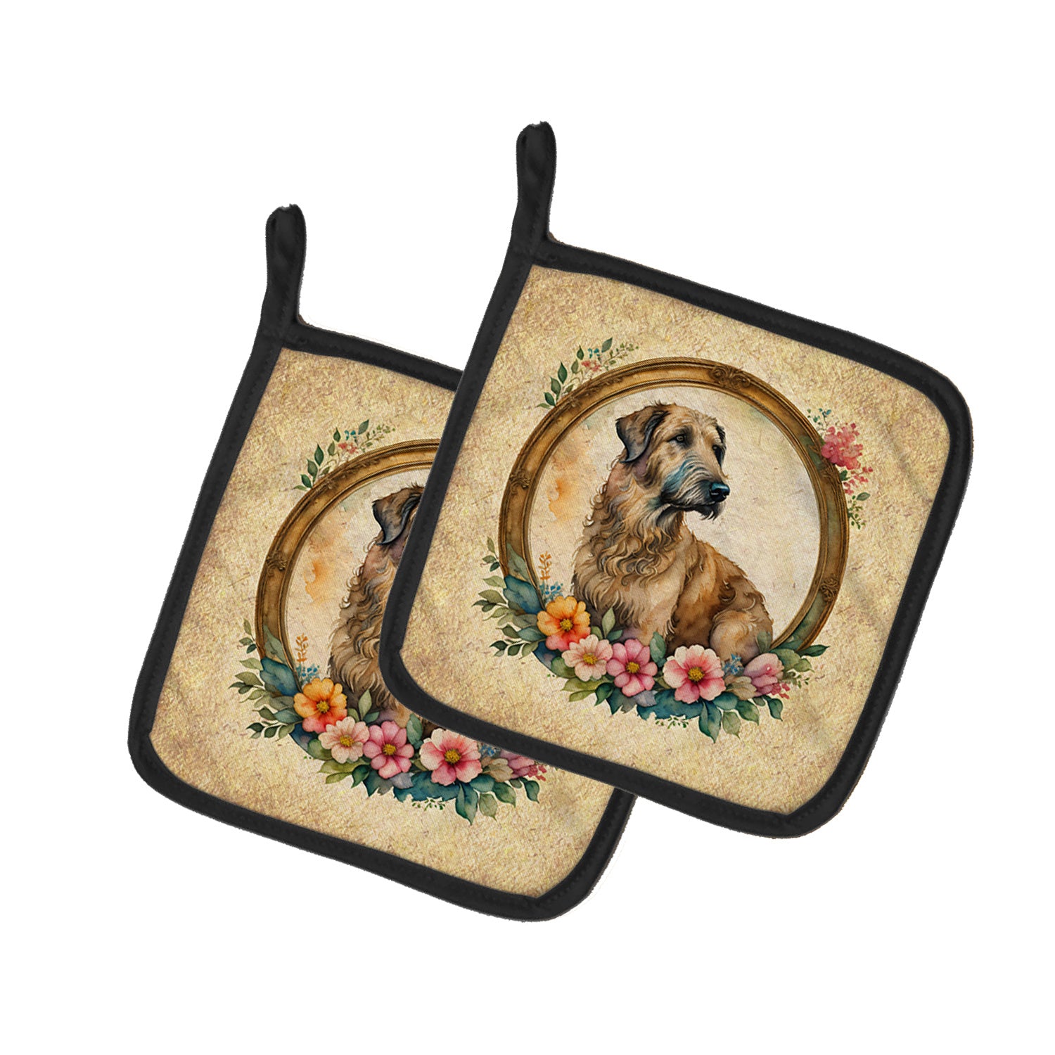 Irish Wolfhound and Flowers Pair of Pot Holders Kitchen Heat Resistant Pot Holders Sets Oven Hot Pads for Cooking Baking BBQ, 7 1/2 x 7 1/2