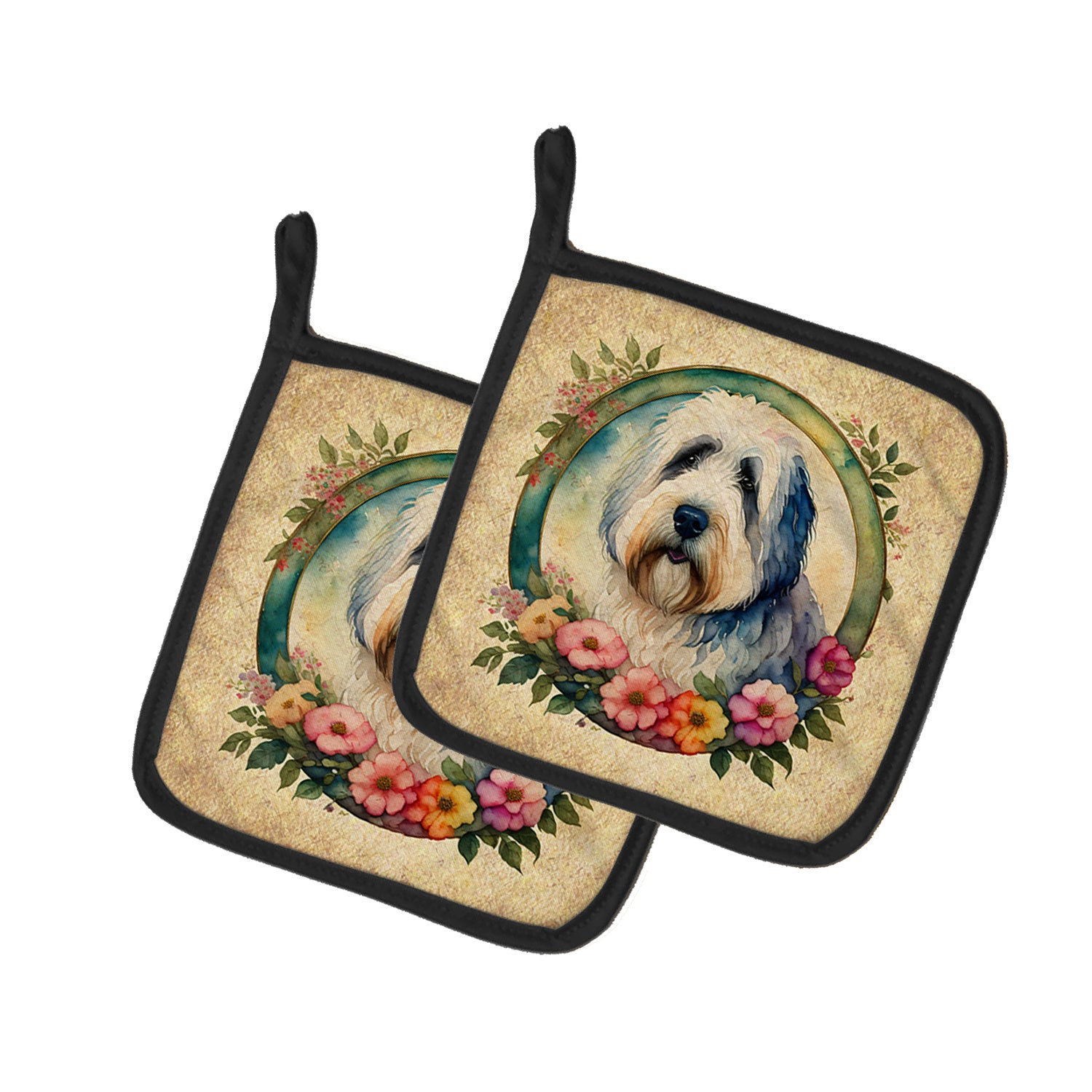Old English Sheepdog and Flowers Pair of Pot Holders Kitchen Heat Resistant Pot Holders Sets Oven Hot Pads for Cooking Baking BBQ, 7 1/2 x 7 1/2