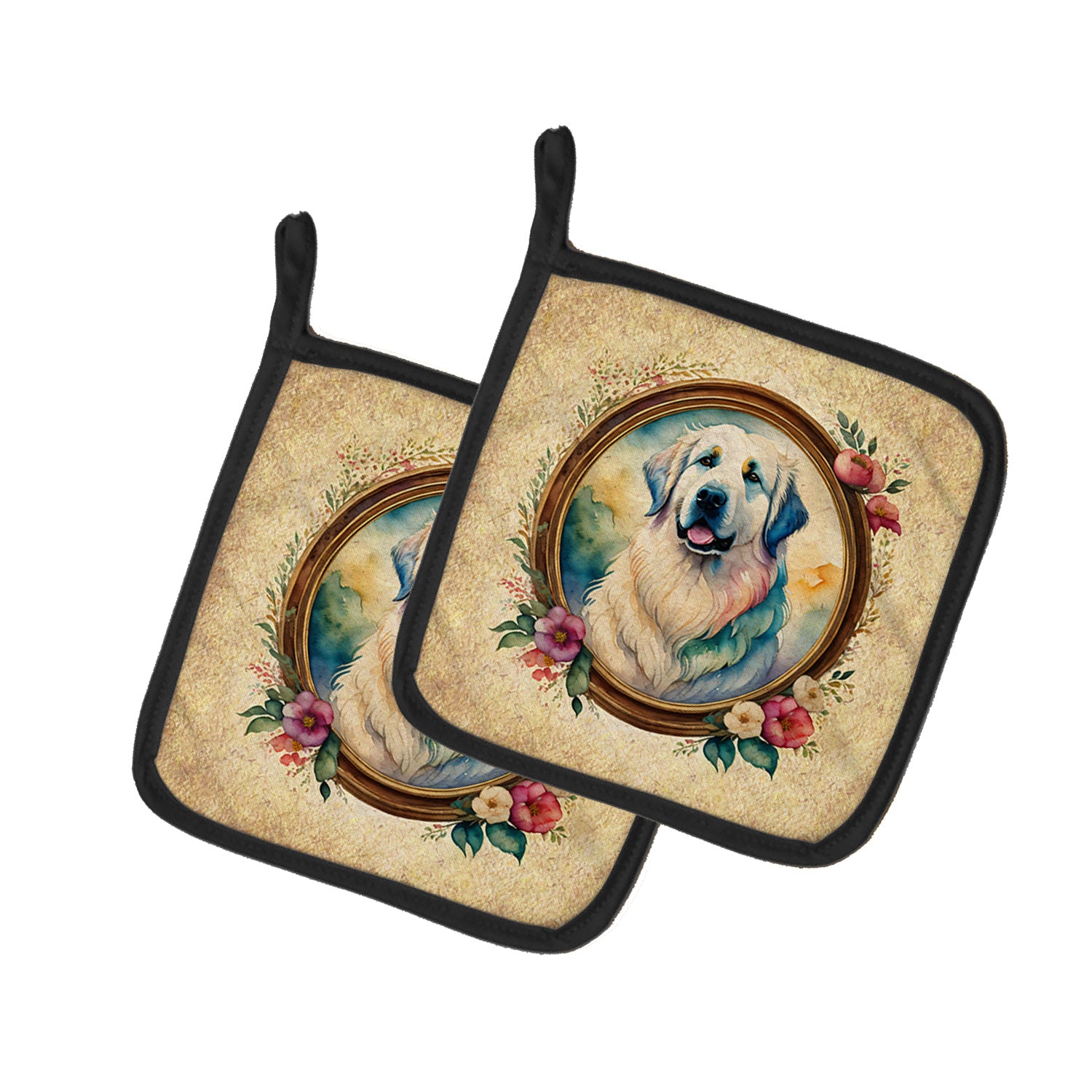 Great Pyrenees and Flowers Pair of Pot Holders Kitchen Heat Resistant Pot Holders Sets Oven Hot Pads for Cooking Baking BBQ, 7 1/2 x 7 1/2