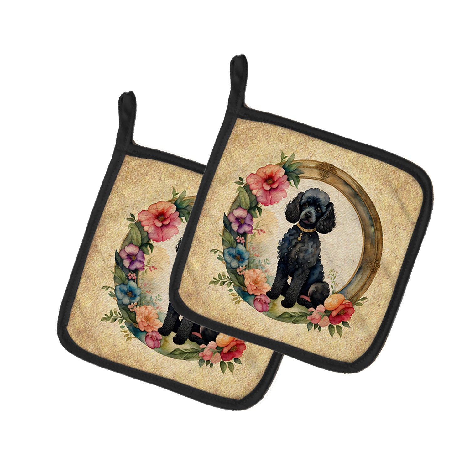 Black Poodle and Flowers Pair of Pot Holders Kitchen Heat Resistant Pot Holders Sets Oven Hot Pads for Cooking Baking BBQ, 7 1/2 x 7 1/2
