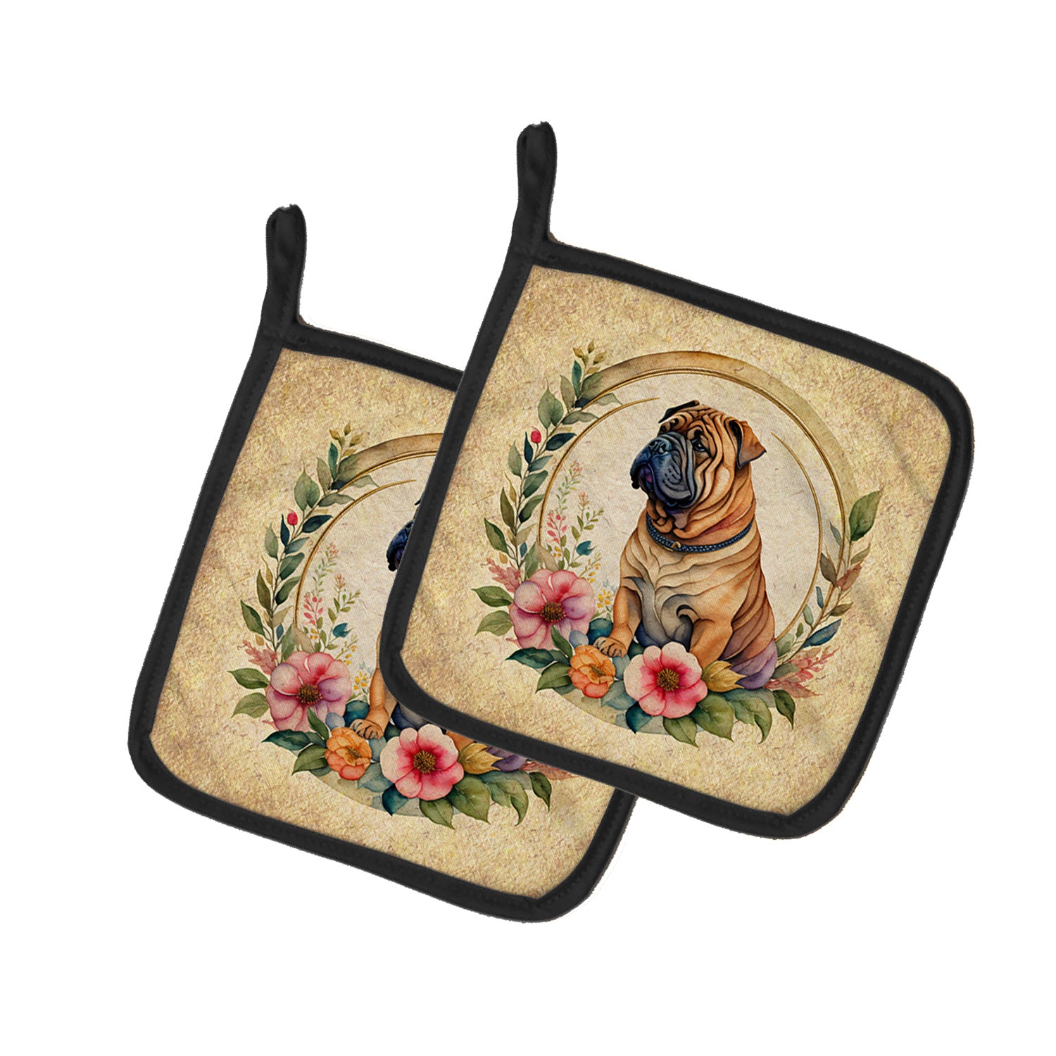 Shar Pei and Flowers Pair of Pot Holders Kitchen Heat Resistant Pot Holders Sets Oven Hot Pads for Cooking Baking BBQ, 7 1/2 x 7 1/2