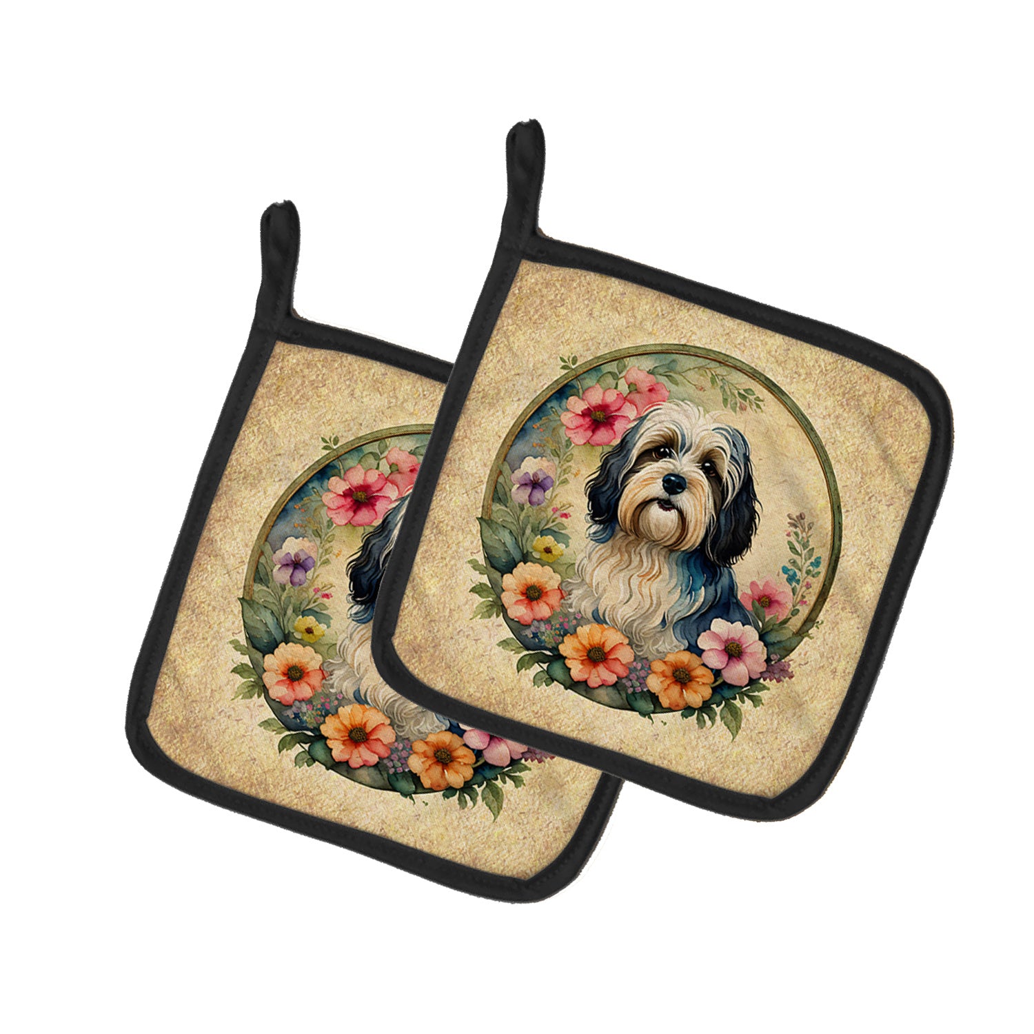 Havanese and Flowers Pair of Pot Holders Kitchen Heat Resistant Pot Holders Sets Oven Hot Pads for Cooking Baking BBQ, 7 1/2 x 7 1/2