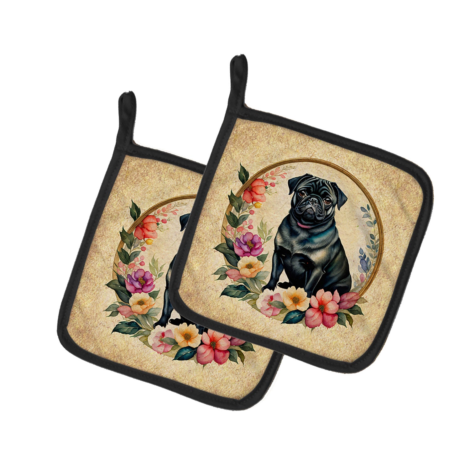 Black Pug and Flowers Pair of Pot Holders Kitchen Heat Resistant Pot Holders Sets Oven Hot Pads for Cooking Baking BBQ, 7 1/2 x 7 1/2