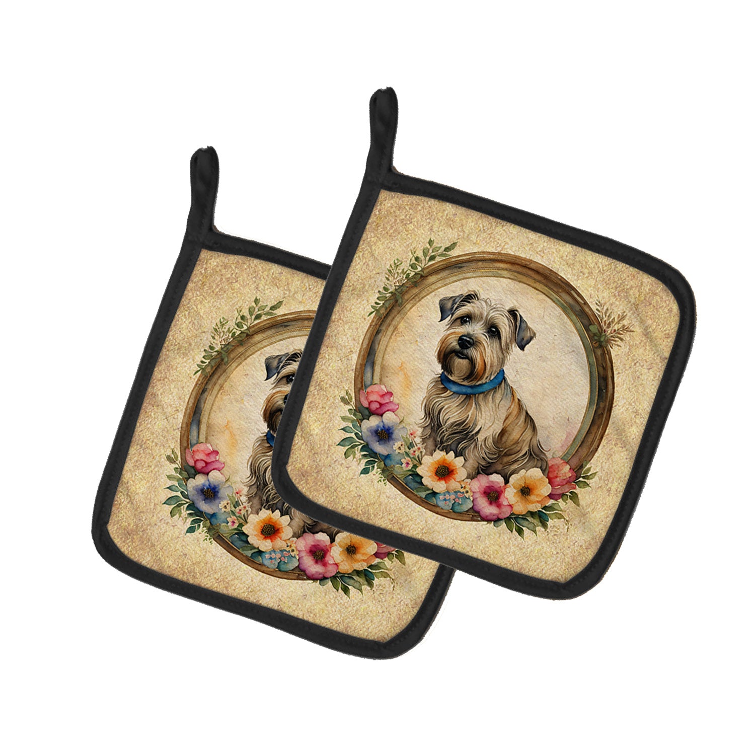 Glen of Imaal Terrier and Flowers Pair of Pot Holders Kitchen Heat Resistant Pot Holders Sets Oven Hot Pads for Cooking Baking BBQ, 7 1/2 x 7 1/2