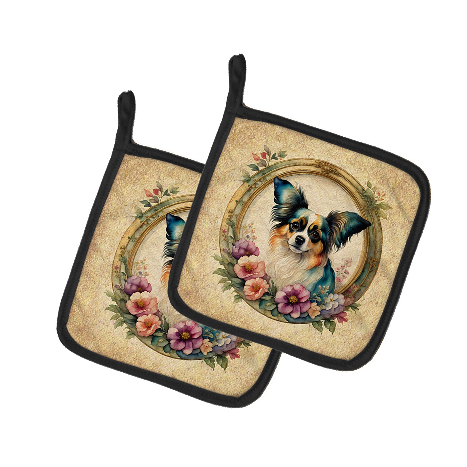 Papillon and Flowers Pair of Pot Holders Kitchen Heat Resistant Pot Holders Sets Oven Hot Pads for Cooking Baking BBQ, 7 1/2 x 7 1/2