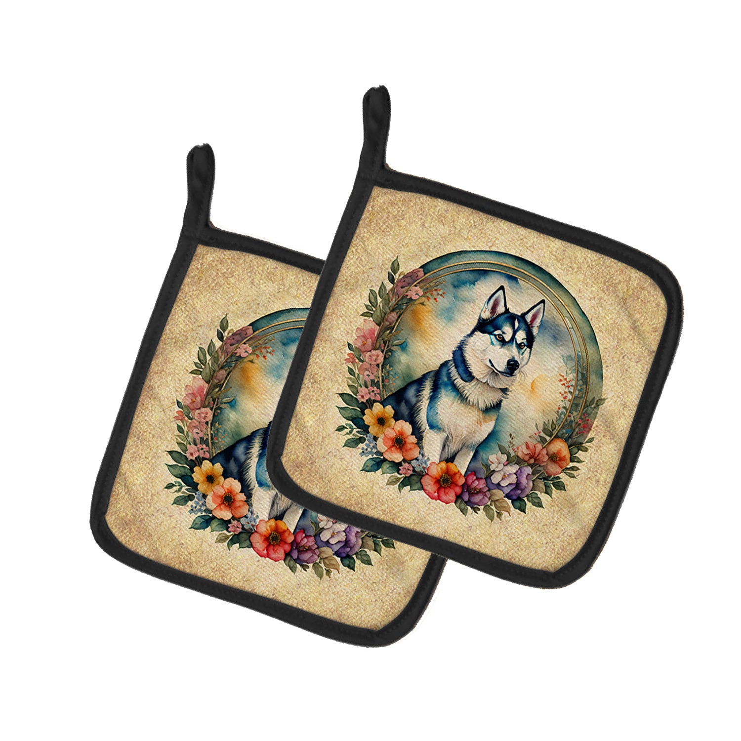 Siberian Husky and Flowers Pair of Pot Holders Kitchen Heat Resistant Pot Holders Sets Oven Hot Pads for Cooking Baking BBQ, 7 1/2 x 7 1/2