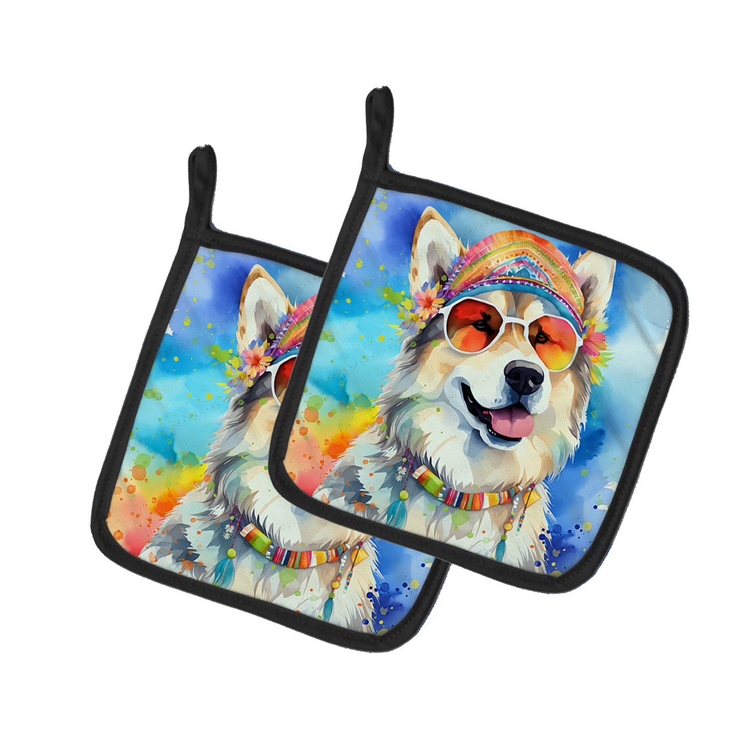 Alaskan Malamute Hippie Dawg Pair of Pot Holders Kitchen Heat Resistant Pot Holders Sets Oven Hot Pads for Cooking Baking BBQ, 7 1/2 x 7 1/2