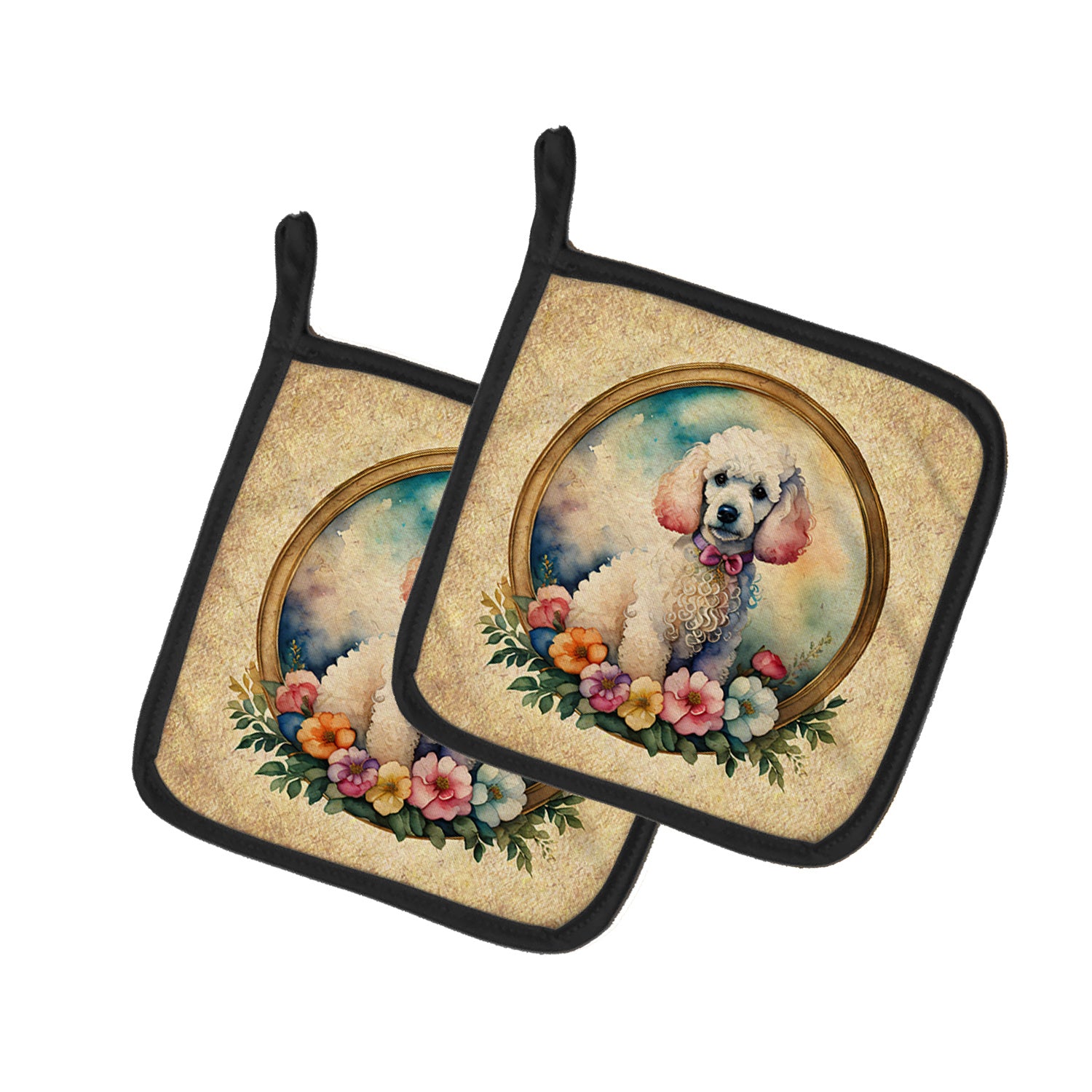 White Poodle and Flowers Pair of Pot Holders Kitchen Heat Resistant Pot Holders Sets Oven Hot Pads for Cooking Baking BBQ, 7 1/2 x 7 1/2