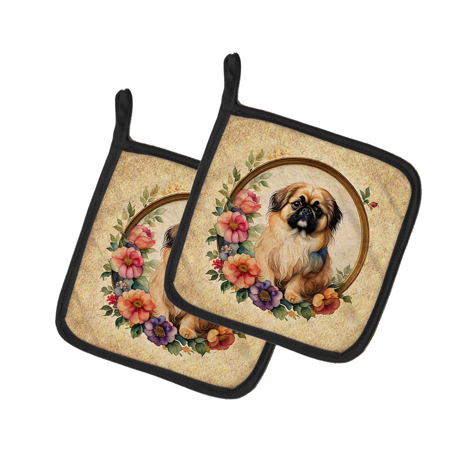 Pekingese and Flowers Pair of Pot Holders Kitchen Heat Resistant Pot Holders Sets Oven Hot Pads for Cooking Baking BBQ, 7 1/2 x 7 1/2