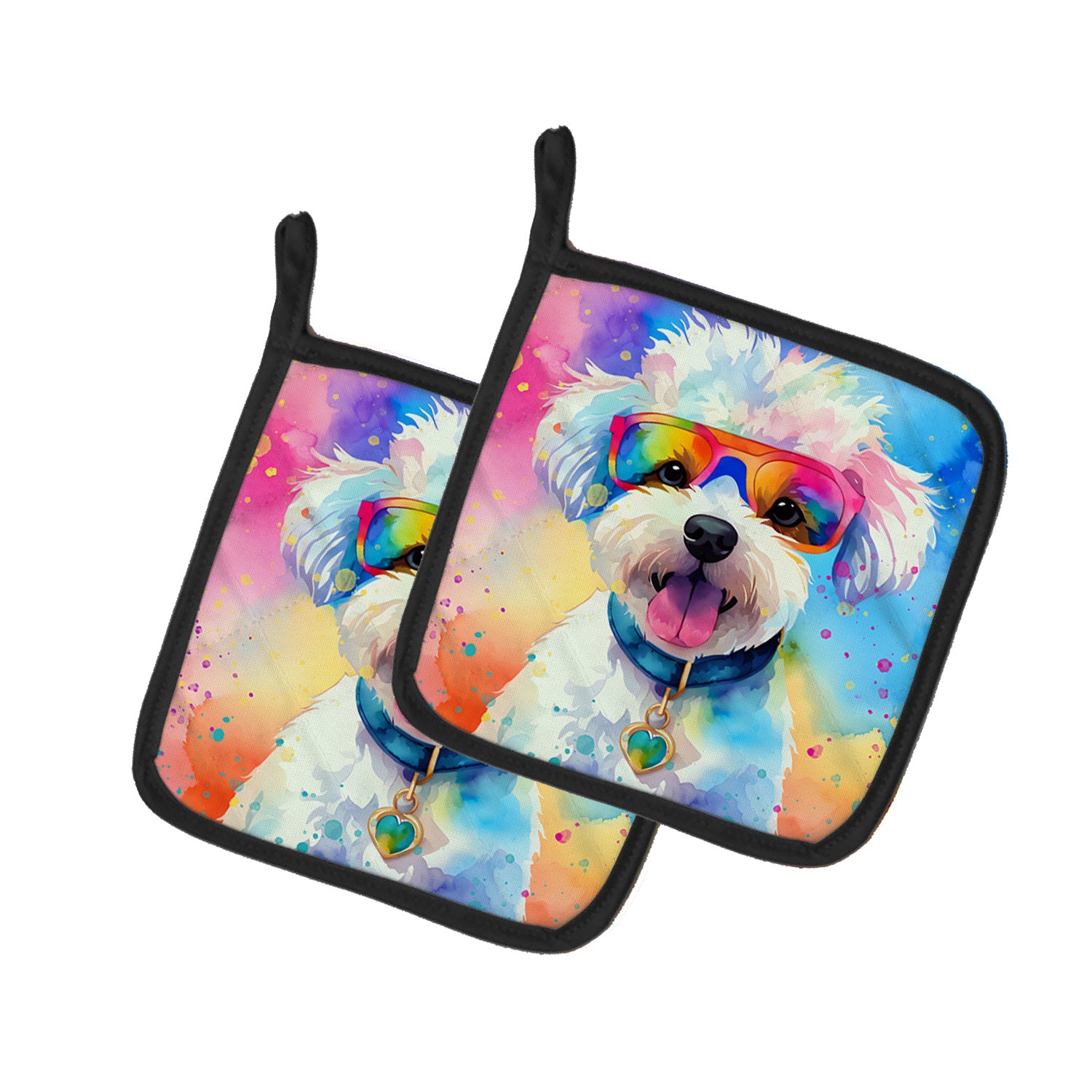 Bichon Frise Hippie Dawg Pair of Pot Holders Kitchen Heat Resistant Pot Holders Sets Oven Hot Pads for Cooking Baking BBQ, 7 1/2 x 7 1/2
