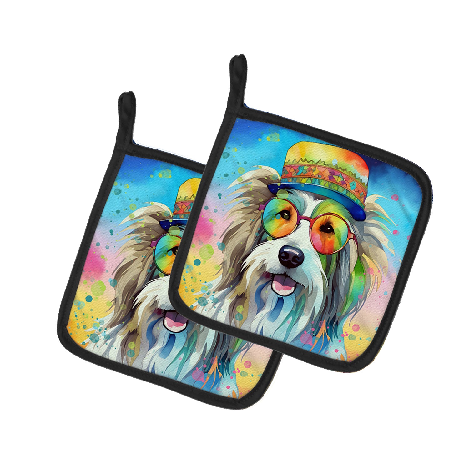 Bearded Collie Hippie Dawg Pair of Pot Holders Kitchen Heat Resistant Pot Holders Sets Oven Hot Pads for Cooking Baking BBQ, 7 1/2 x 7 1/2