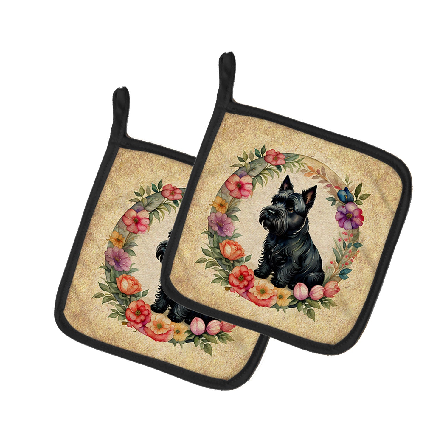 Scottish Terrier and Flowers Pair of Pot Holders Kitchen Heat Resistant Pot Holders Sets Oven Hot Pads for Cooking Baking BBQ, 7 1/2 x 7 1/2