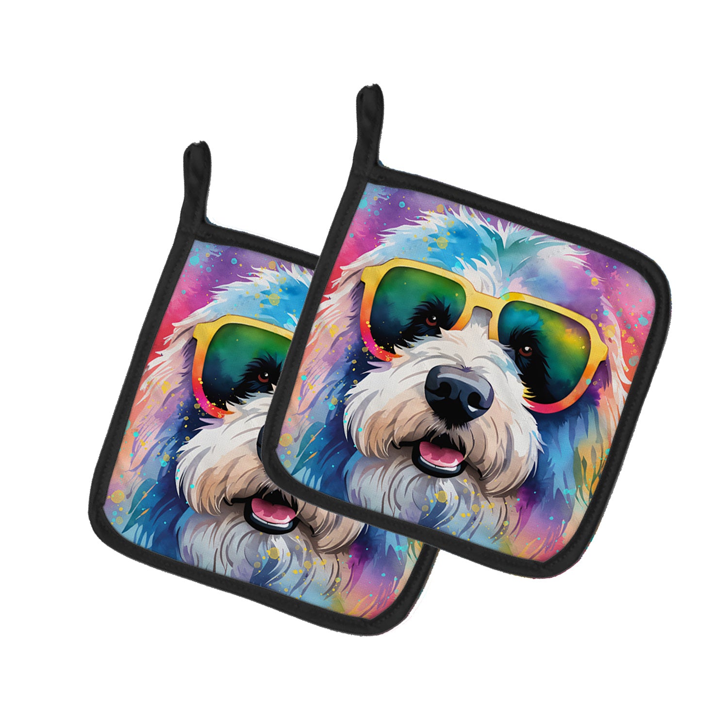 Old English Sheepdog Hippie Dawg Pair of Pot Holders Kitchen Heat Resistant Pot Holders Sets Oven Hot Pads for Cooking Baking BBQ, 7 1/2 x 7 1/2