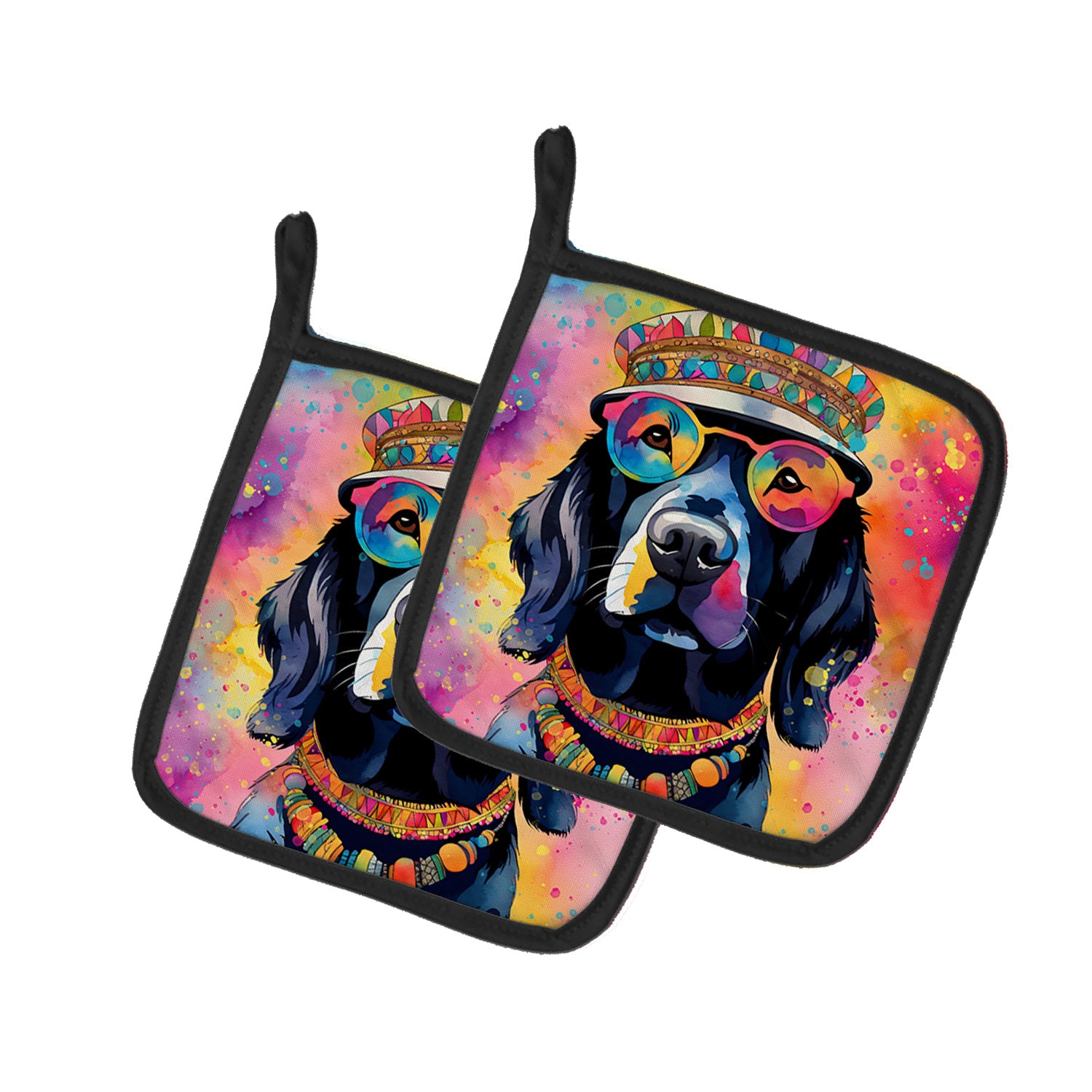 Black Labrador Hippie Dawg Pair of Pot Holders Kitchen Heat Resistant Pot Holders Sets Oven Hot Pads for Cooking Baking BBQ, 7 1/2 x 7 1/2