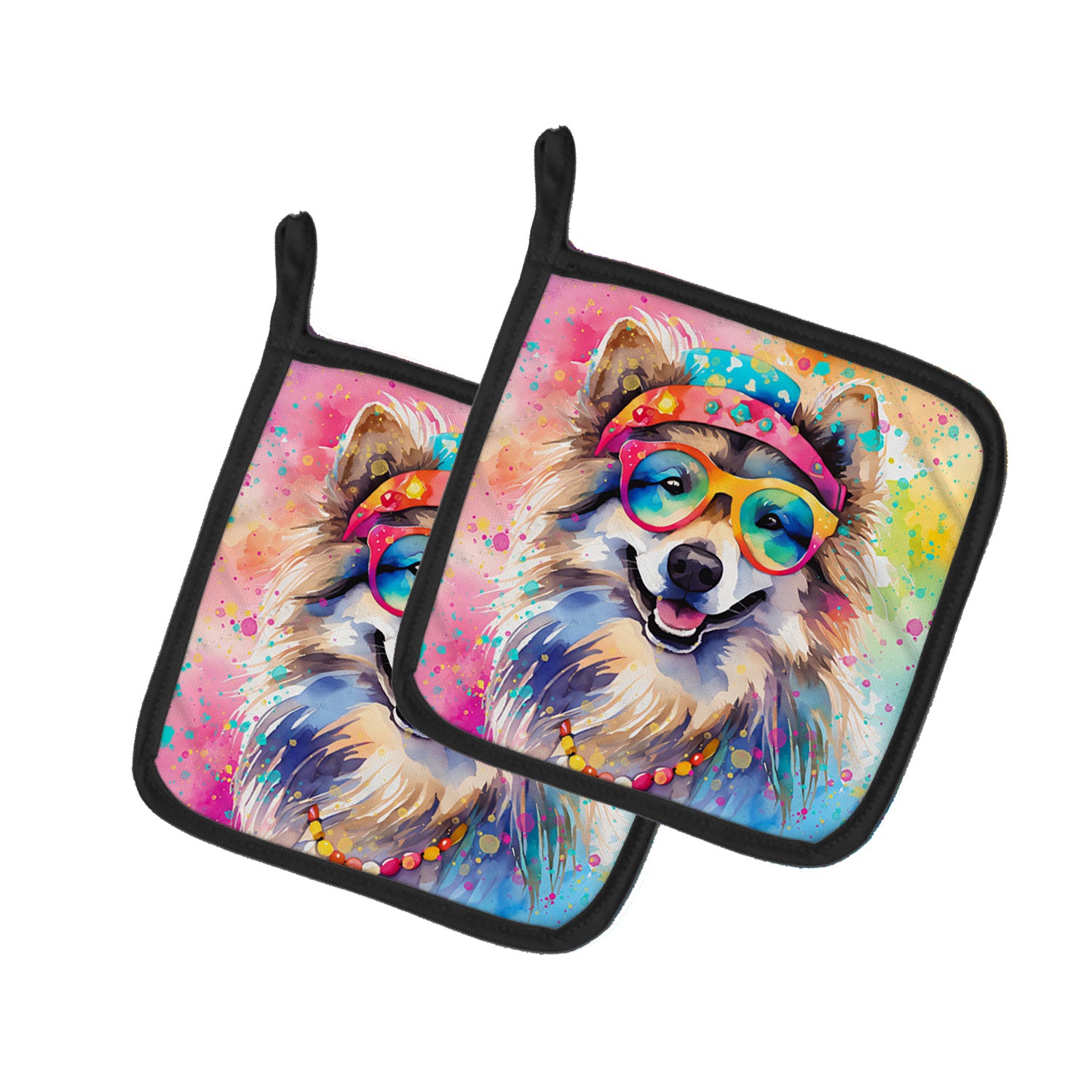 Keeshond Hippie Dawg Pair of Pot Holders Kitchen Heat Resistant Pot Holders Sets Oven Hot Pads for Cooking Baking BBQ, 7 1/2 x 7 1/2