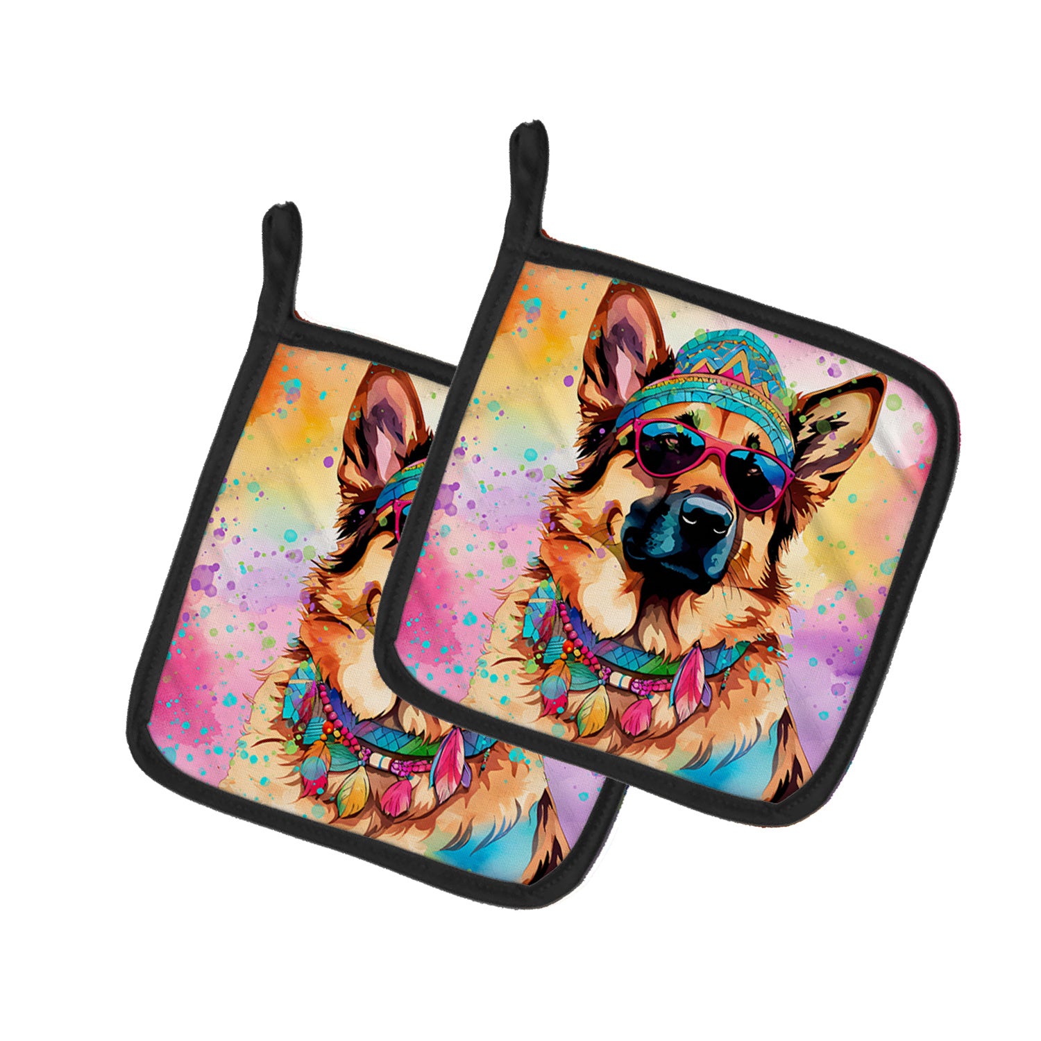 German Shepherd Hippie Dawg Pair of Pot Holders Kitchen Heat Resistant Pot Holders Sets Oven Hot Pads for Cooking Baking BBQ, 7 1/2 x 7 1/2