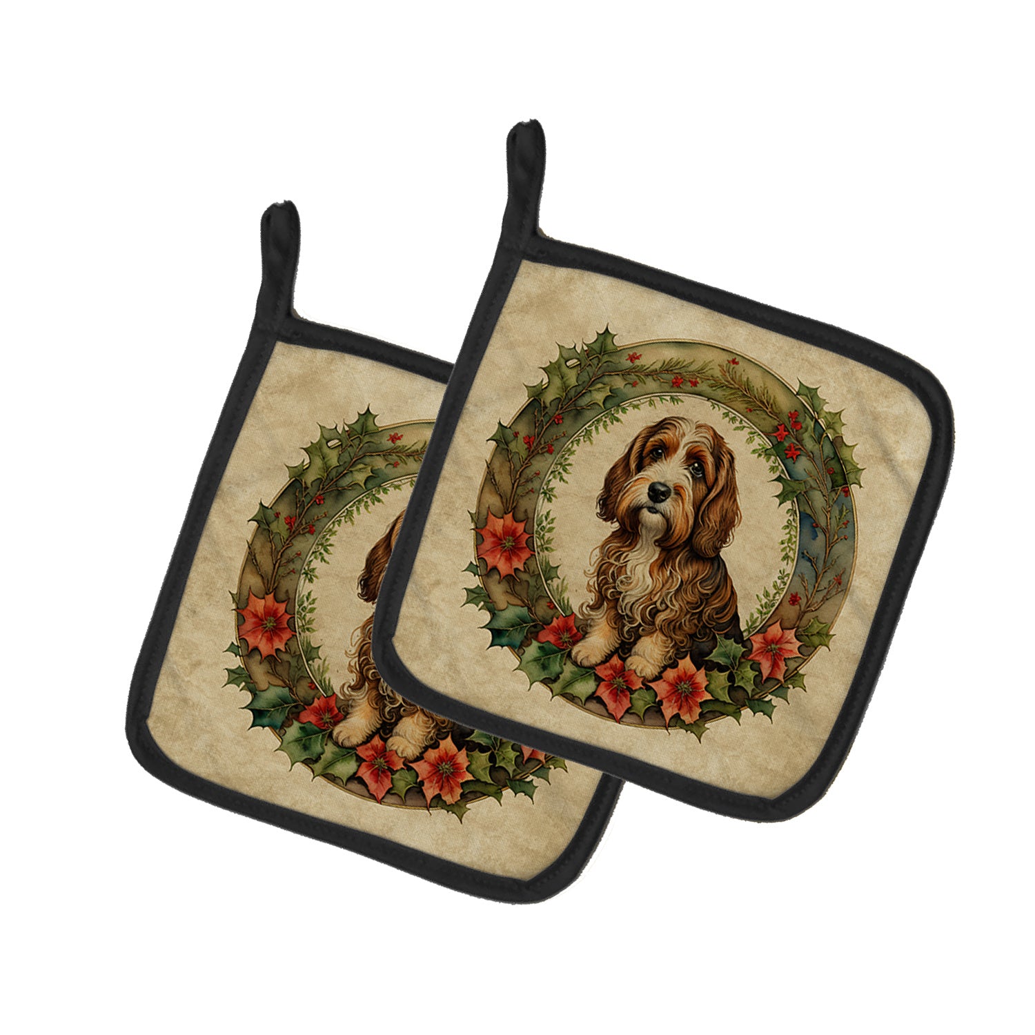 Petit Basset Griffon Vendeen Christmas Flowers Pair of Pot Holders Kitchen Heat Resistant Pot Holders Sets Oven Hot Pads for Cooking Baking BBQ, 7 1/2 x 7 1/2