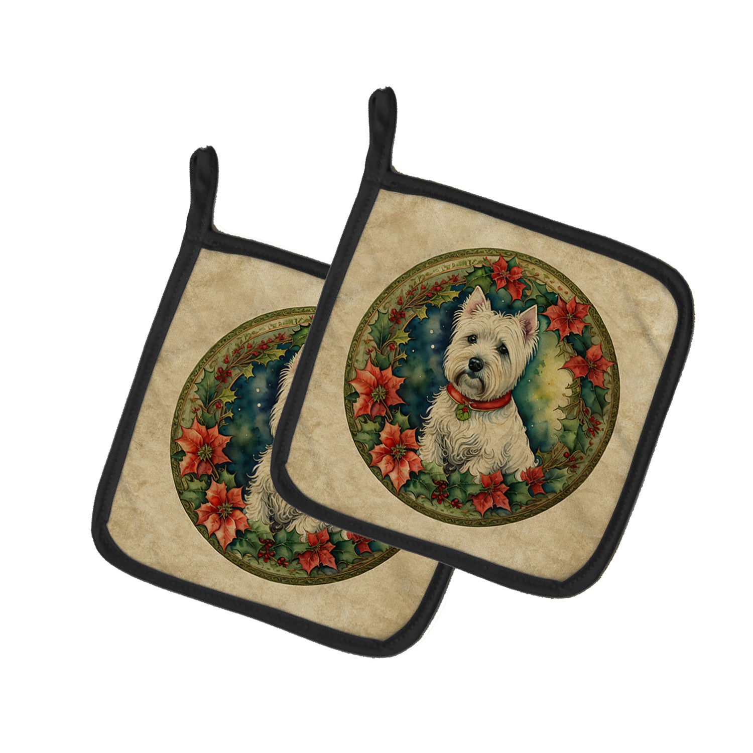 Westie Christmas Flowers Pair of Pot Holders Kitchen Heat Resistant Pot Holders Sets Oven Hot Pads for Cooking Baking BBQ, 7 1/2 x 7 1/2