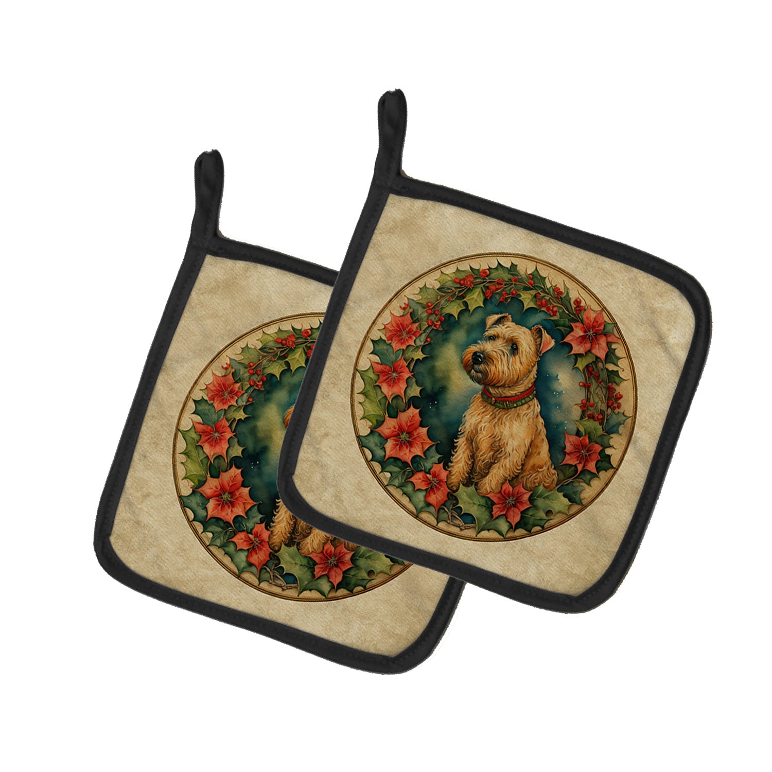 Lakeland Terrier Christmas Flowers Pair of Pot Holders Kitchen Heat Resistant Pot Holders Sets Oven Hot Pads for Cooking Baking BBQ, 7 1/2 x 7 1/2