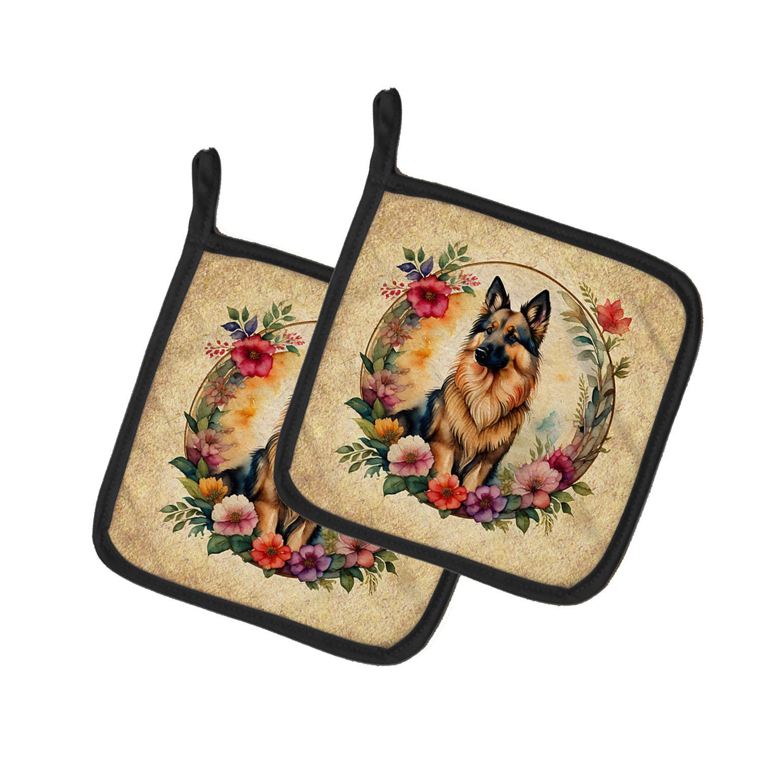 Belgian Tervuren and Flowers Pair of Pot Holders Kitchen Heat Resistant Pot Holders Sets Oven Hot Pads for Cooking Baking BBQ, 7 1/2 x 7 1/2