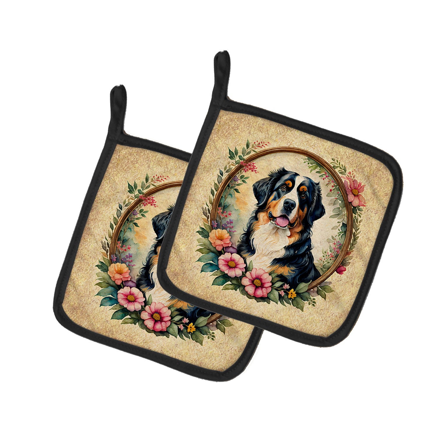 Bernese Mountain Dog and Flowers Pair of Pot Holders Kitchen Heat Resistant Pot Holders Sets Oven Hot Pads for Cooking Baking BBQ, 7 1/2 x 7 1/2
